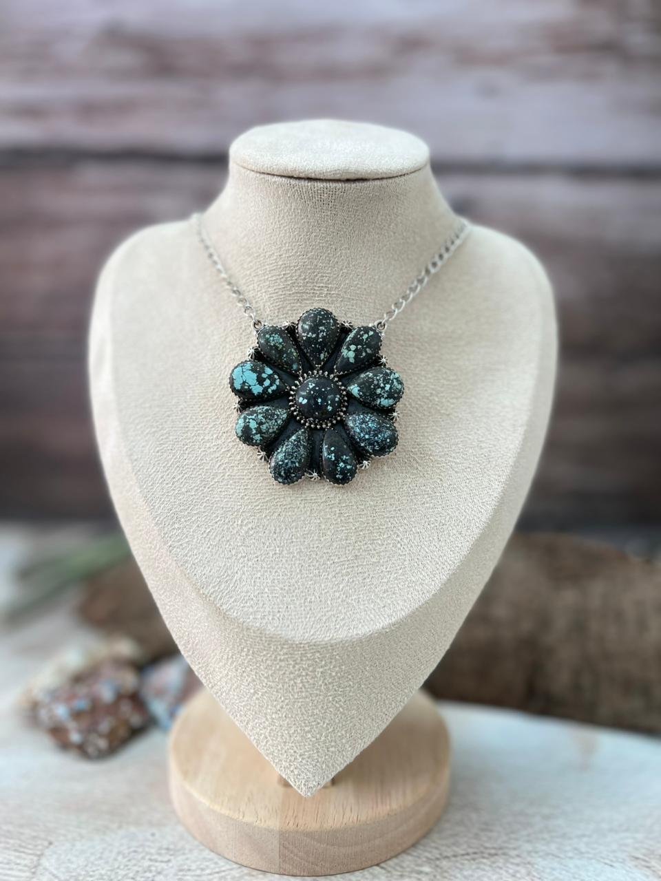 Handmade Sterling Silver Lander Turquoise Necklace with Signed Nizhoni