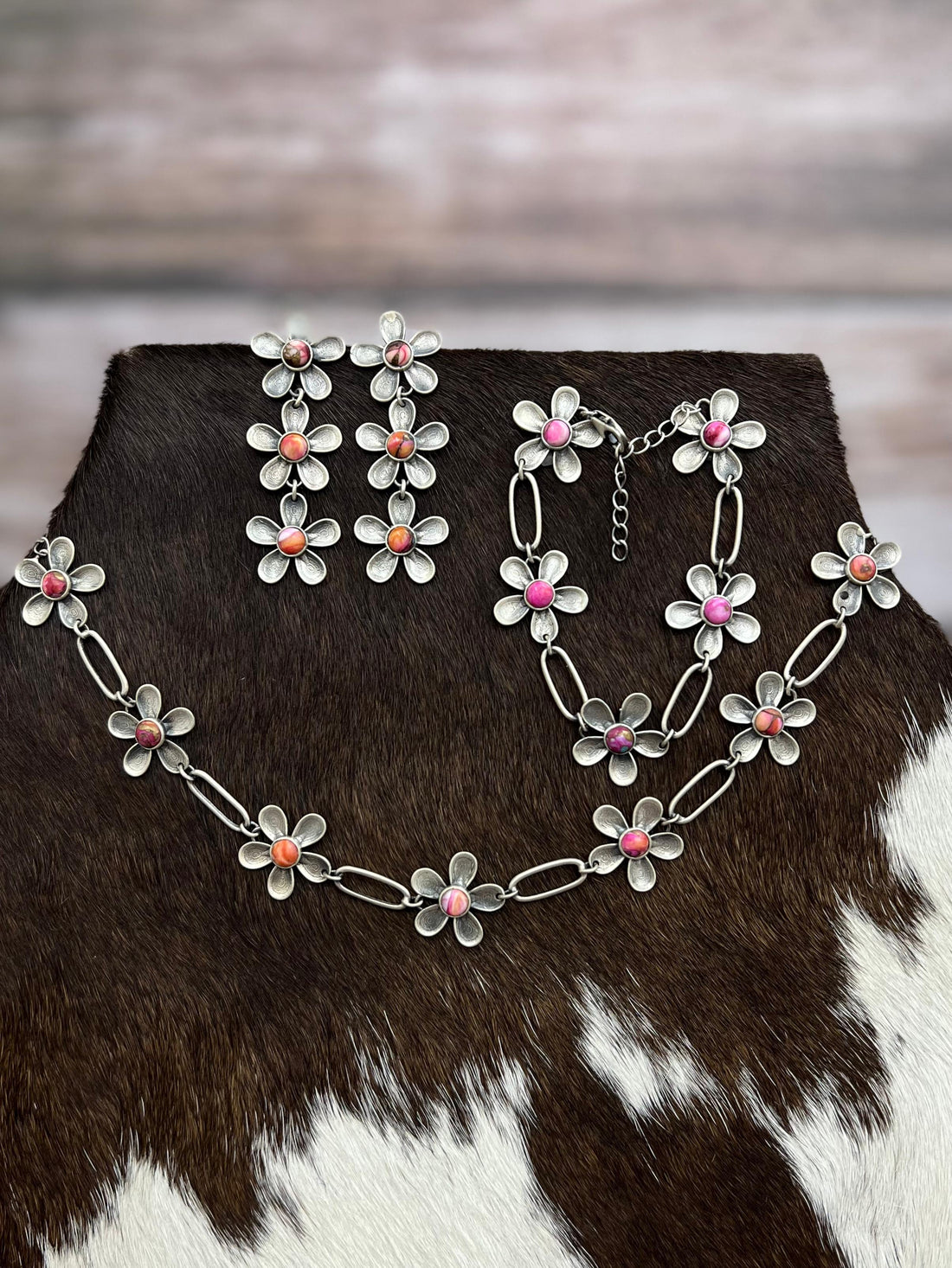 Handmade Sterling Silver Pink Dream Mojave Daisy Necklace Earrings & Bracelet Set with Signed Nizhoni