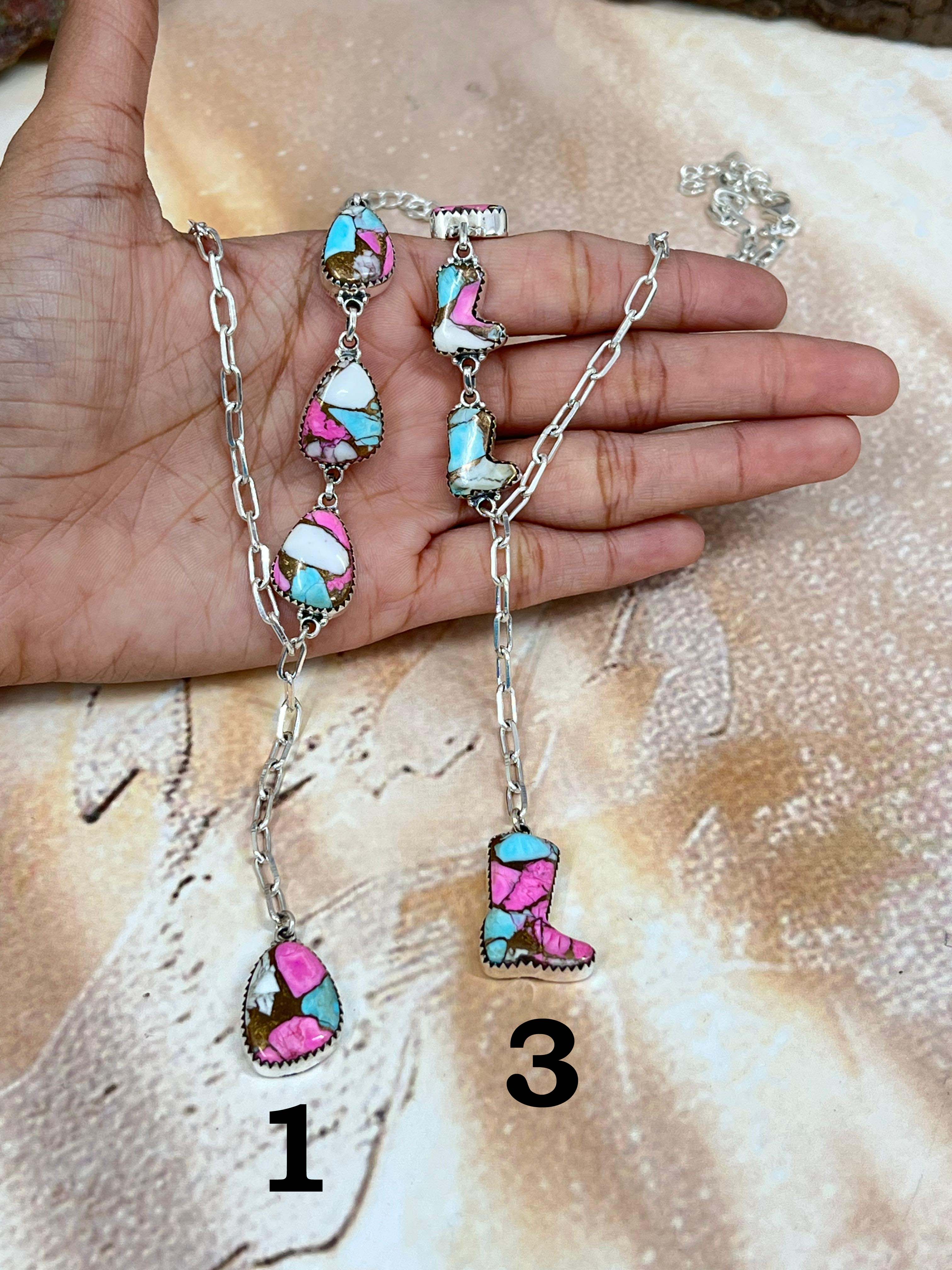 Handmade Sterling Silver Cotton Candy Turquoise Necklace with Signed Nizhoni