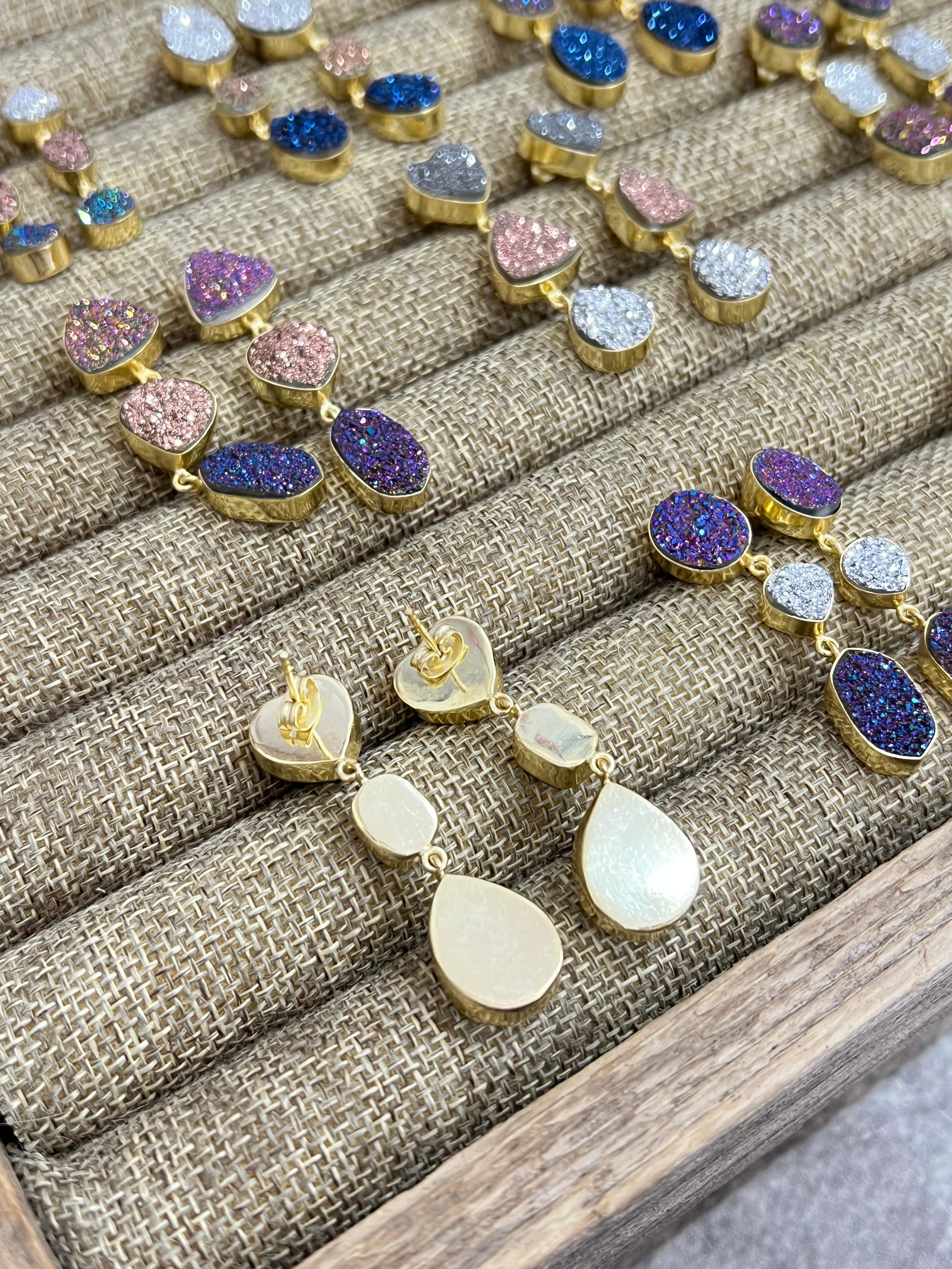 “The Boho Collection” Handmade Natural 3 Stone Druzy Post Dangle Earrings