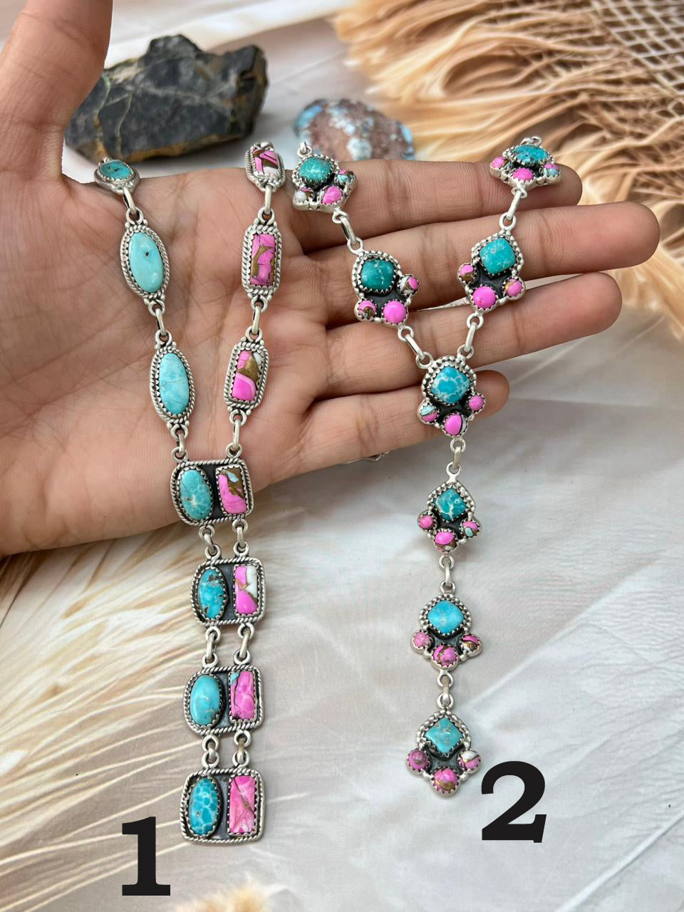 Handmade Sterling Silver White Water Turquoise with Cotton Candy Necklace "Signed Nizhoni"