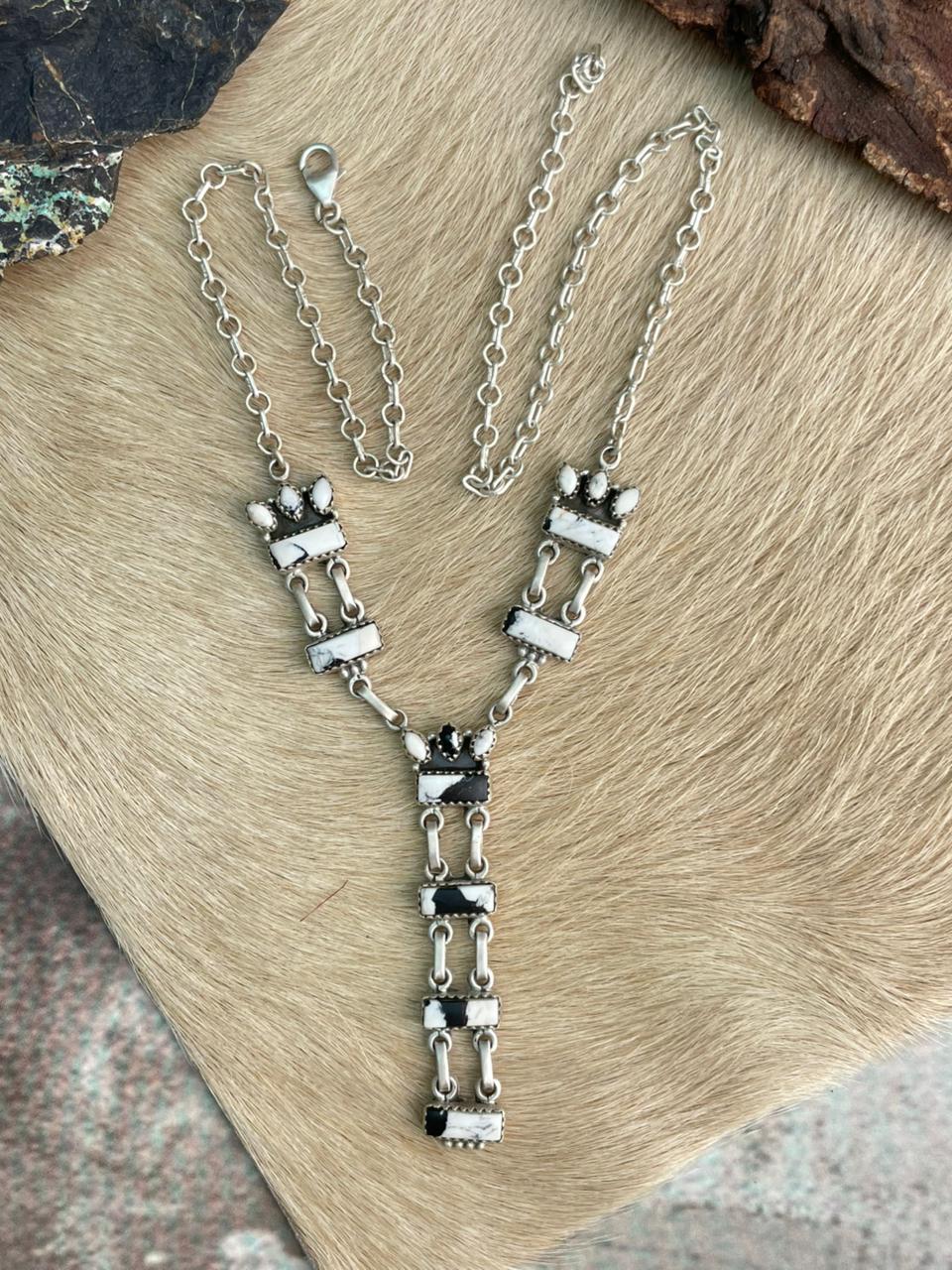 Handmade Sterling Silver White Buffalo Drop Necklace "Signed Nizhoni"
