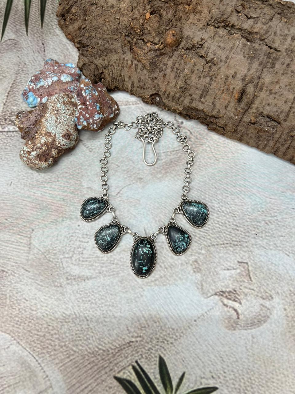 Handmade Sterling Silver Lander Turquoise Necklace with Signed Nizhoni