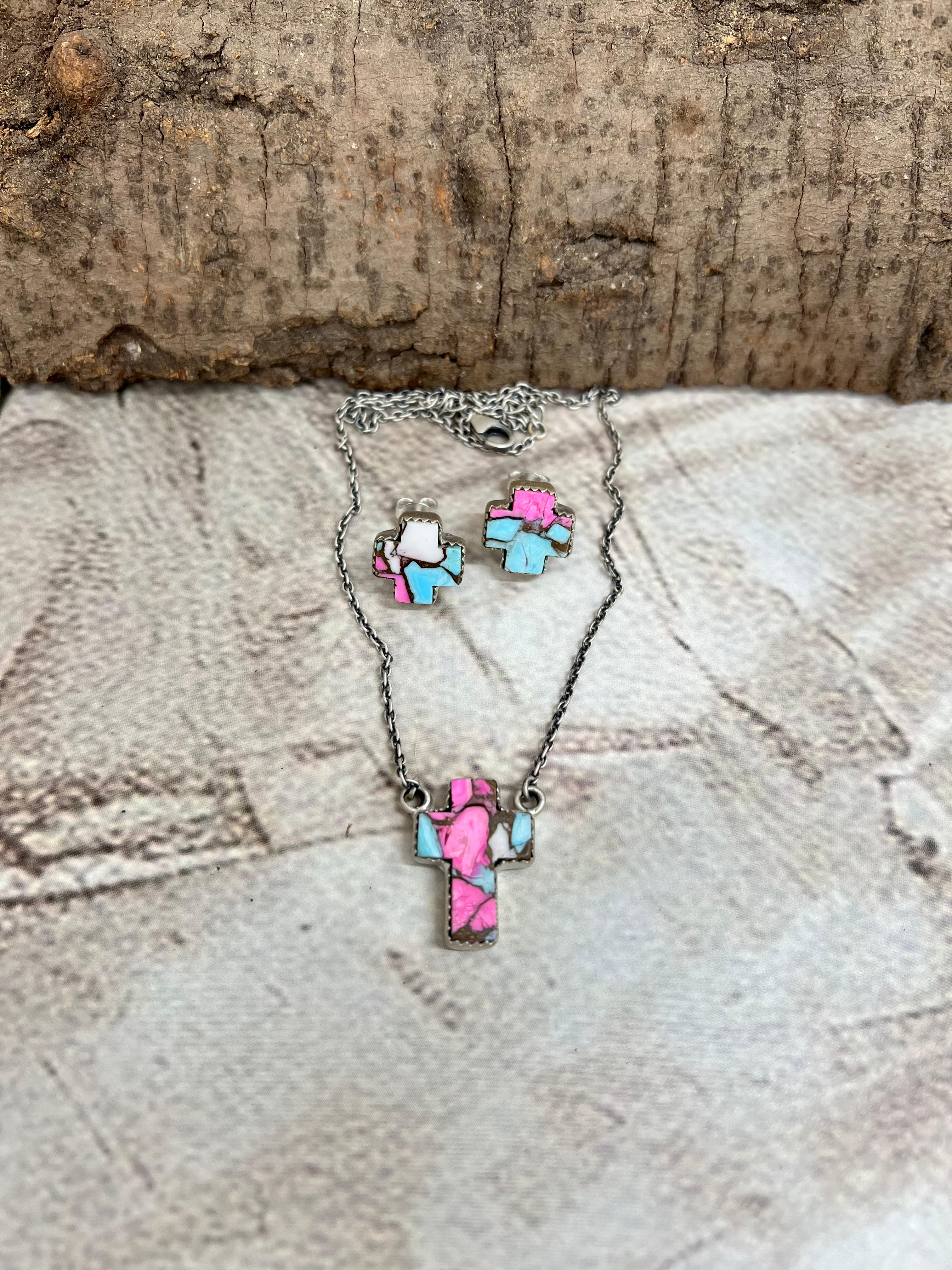 Handmade Sterling Silver Cotton Candy Turquoise Cross Necklace Earrings Set with Signed Nizhoni
