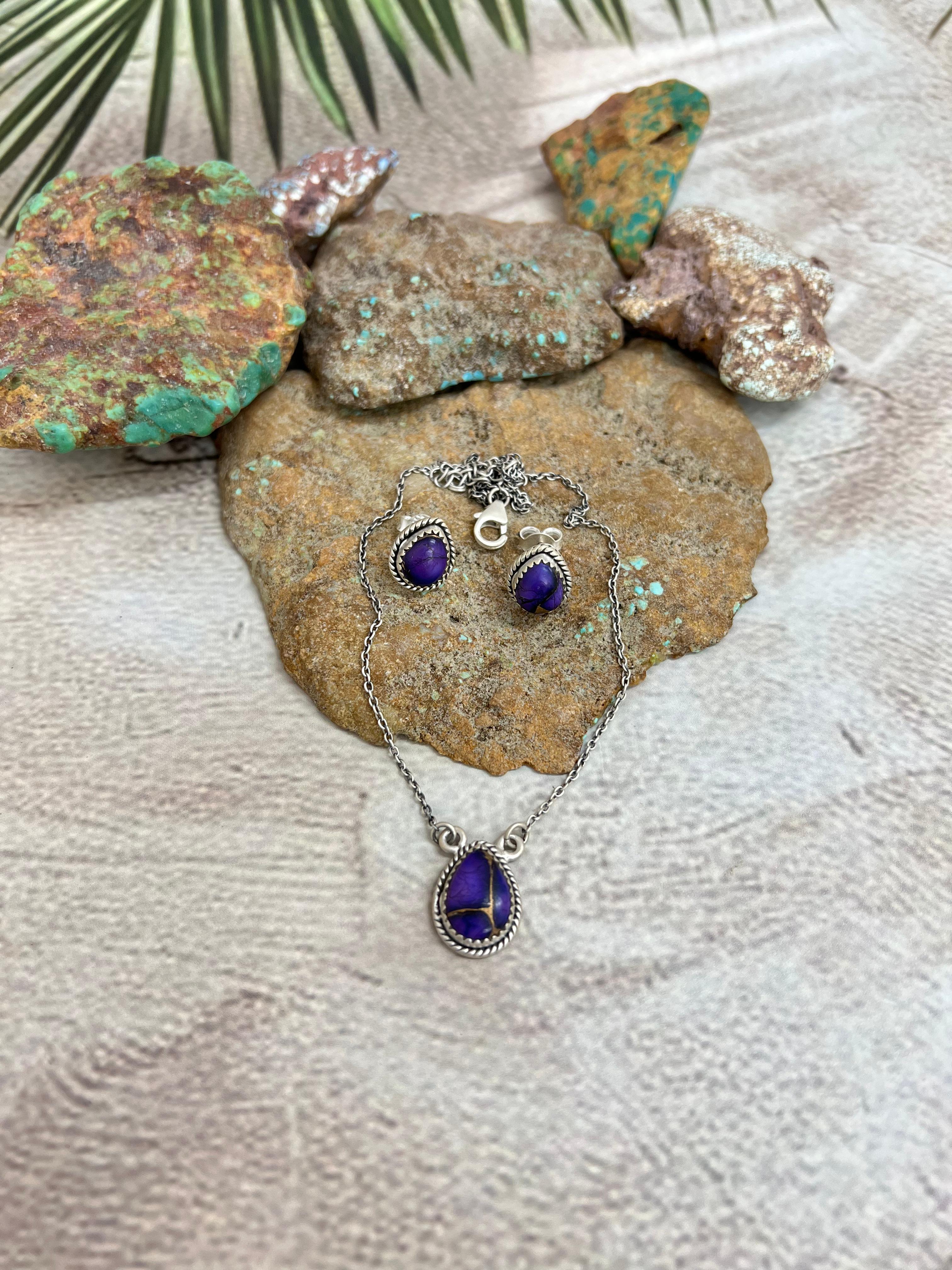 Handmade Sterling Silver Grape Dahlia Necklace Earrings Set, Signed Nizhoni