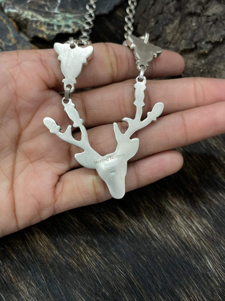 Handmade Sterling Silver White Buffalo with Red Opal Deer Necklace "Signed Nizhoni"