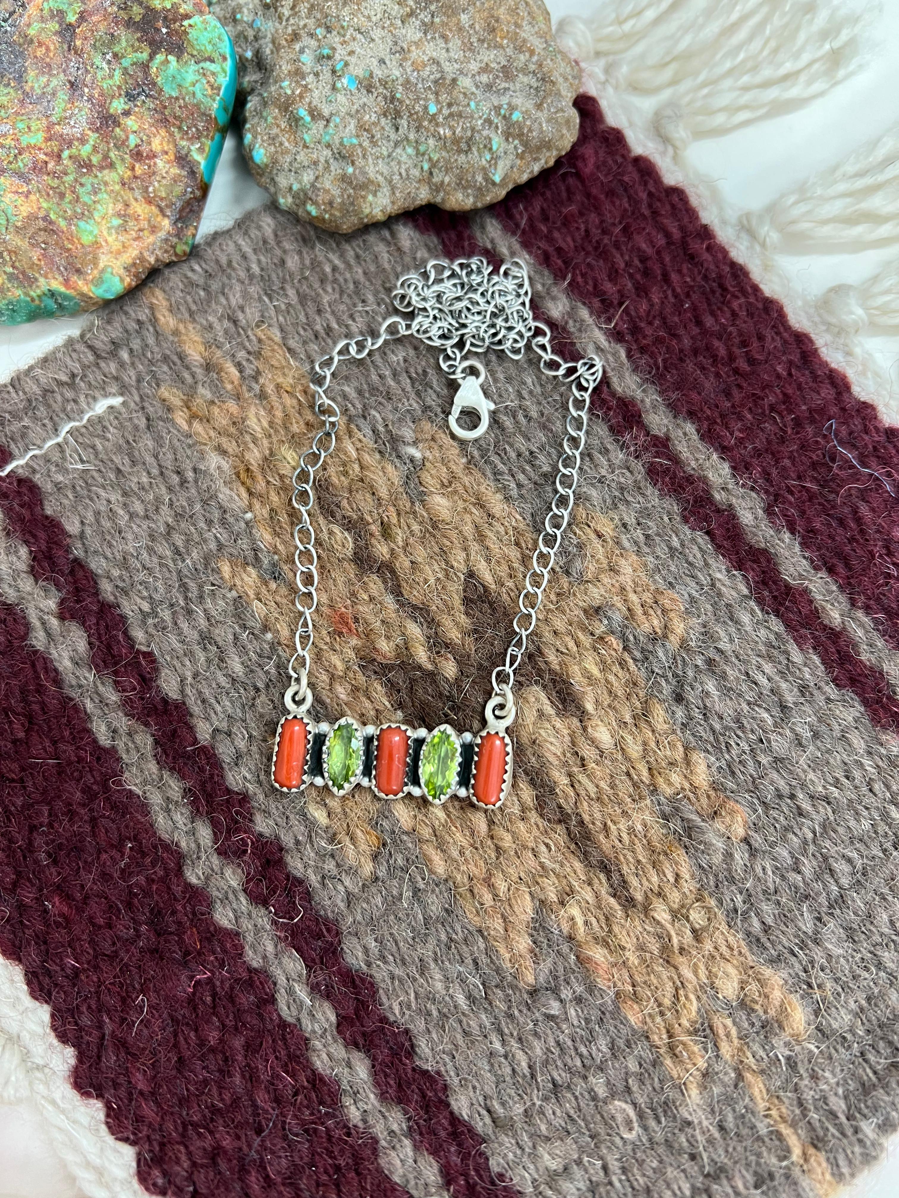 Christmas Collection Handmade Sterling Silver Coral with Peridot Bar Necklace with Signed Nizhoni