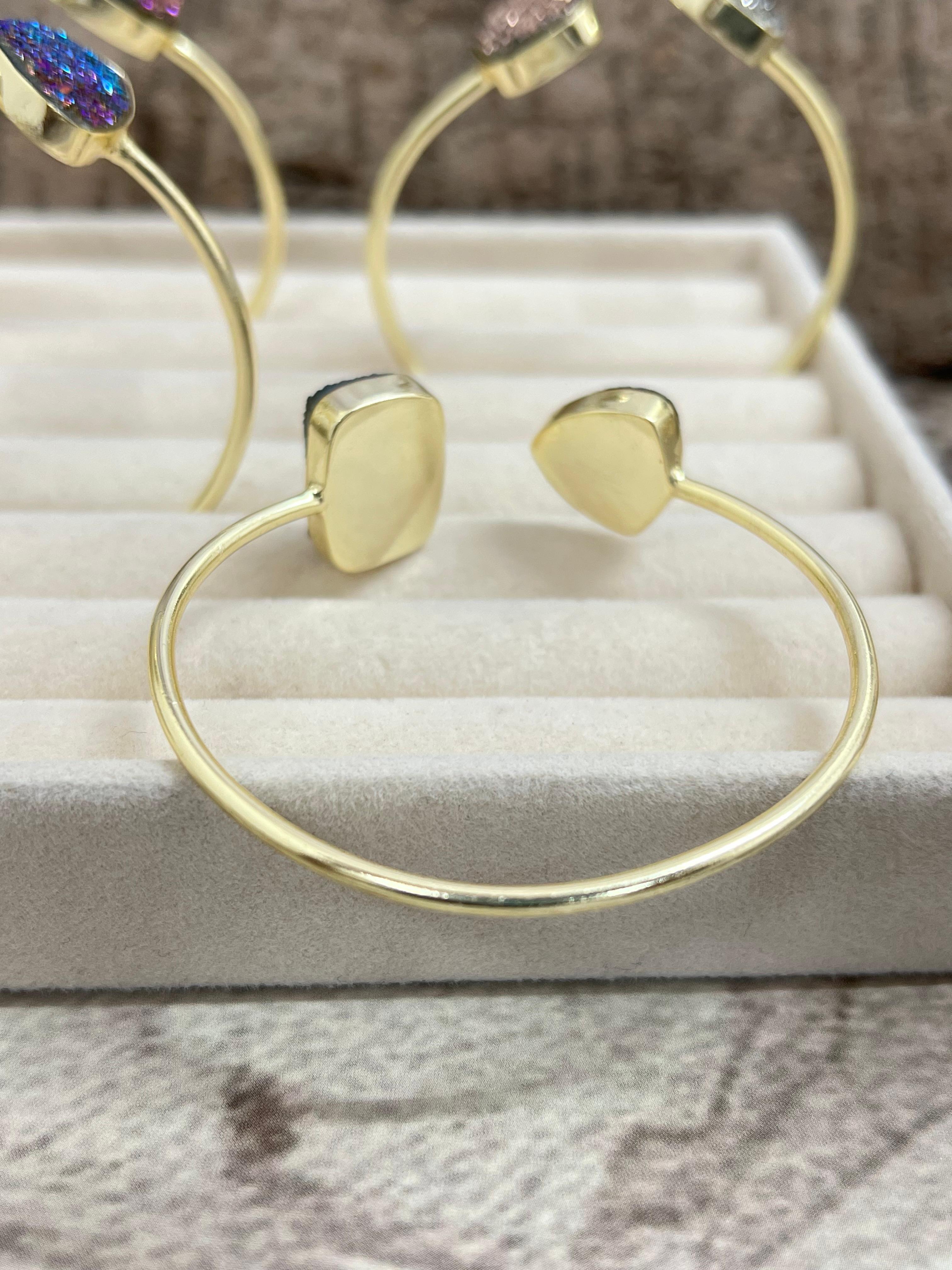 “The Boho Collection” Handmade Natural Gold Plated 2 Stone Druzy Cuff Bracelet