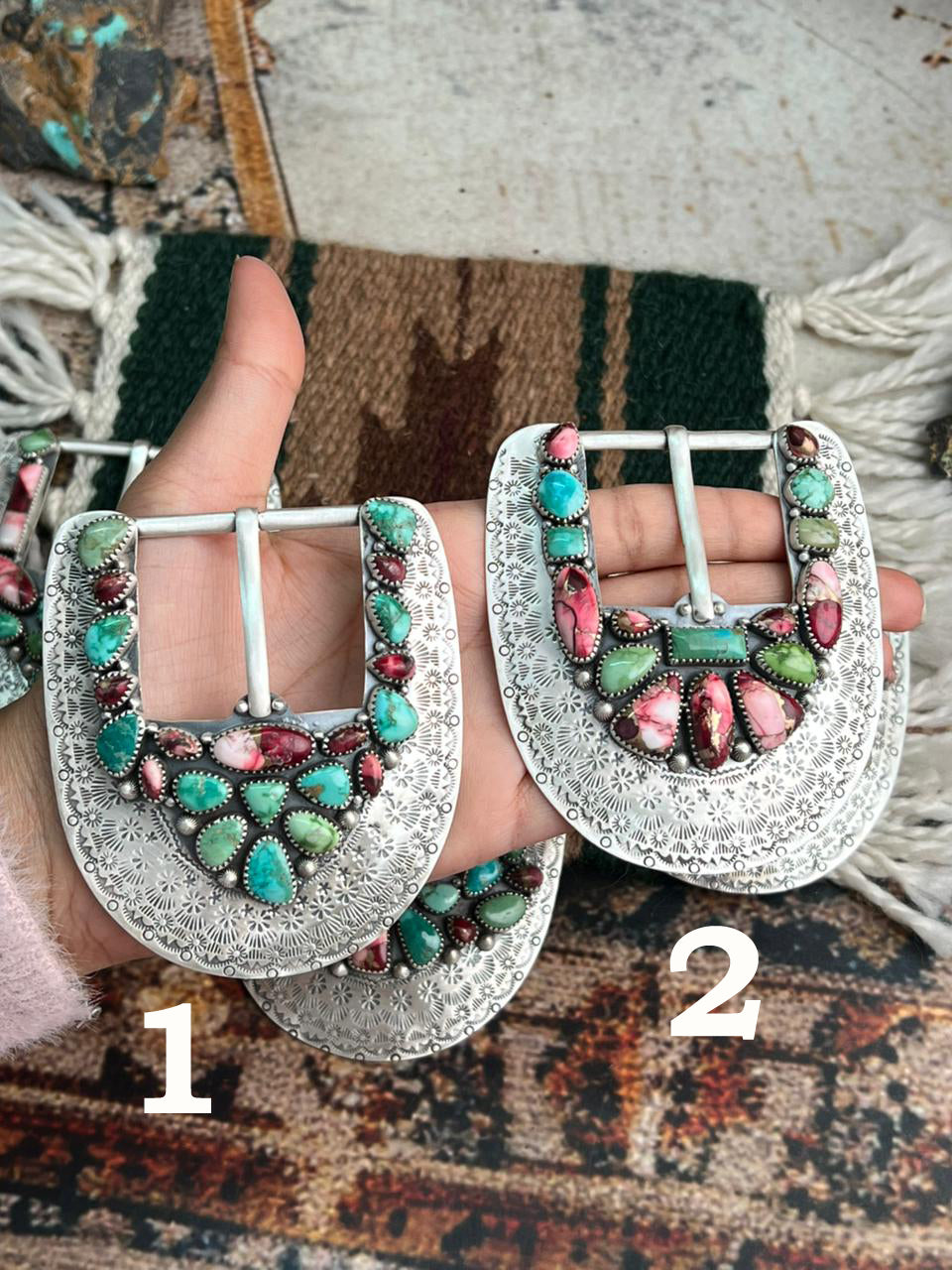 Handmade Sterling Silver Dahlia Rose with Emerald Valley Turquoise Buckle "Signed Nizhoni"