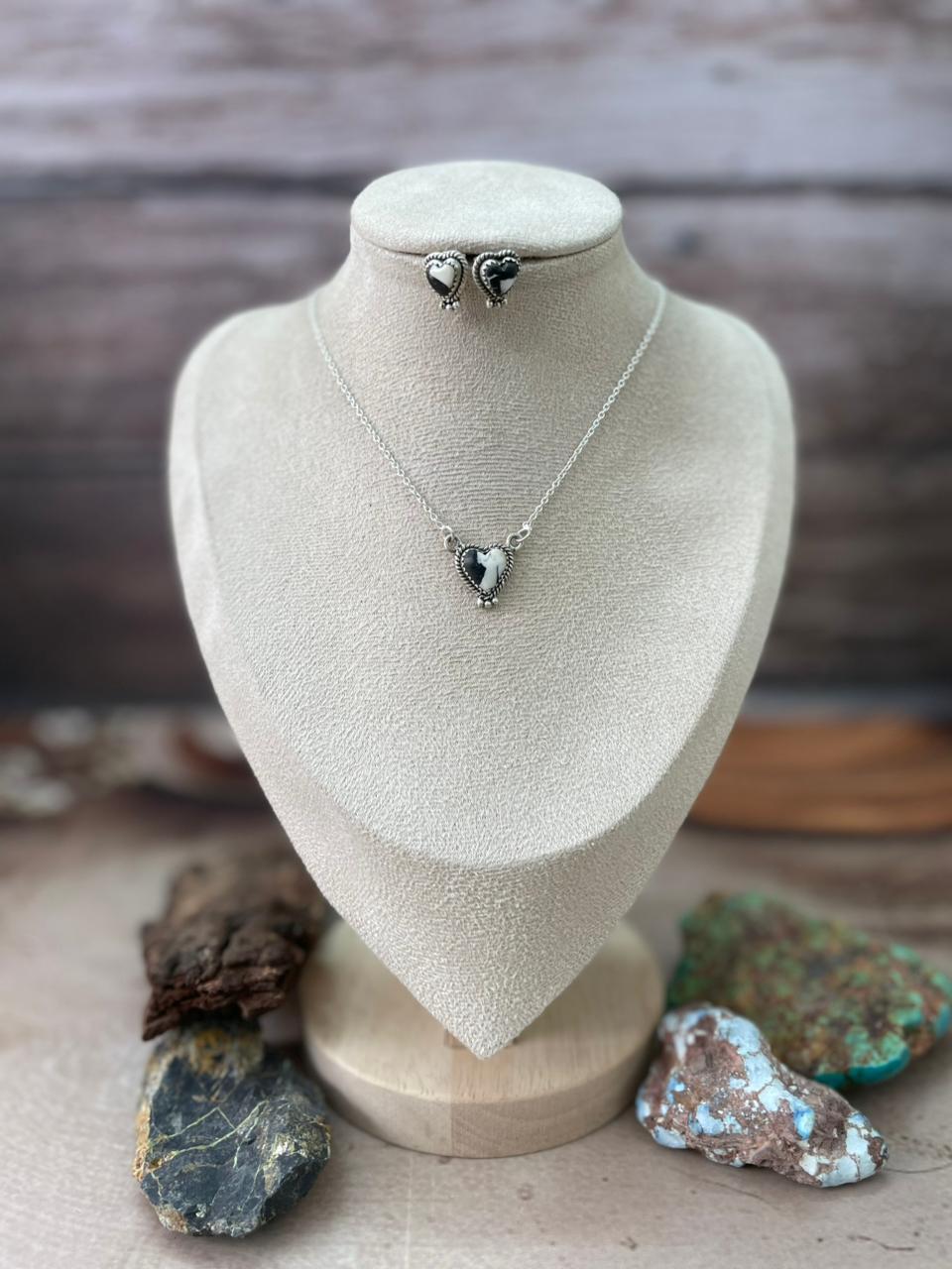 Handmade Sterling Silver White Buffalo Necklace Earrings Set "Signed Nizhoni"