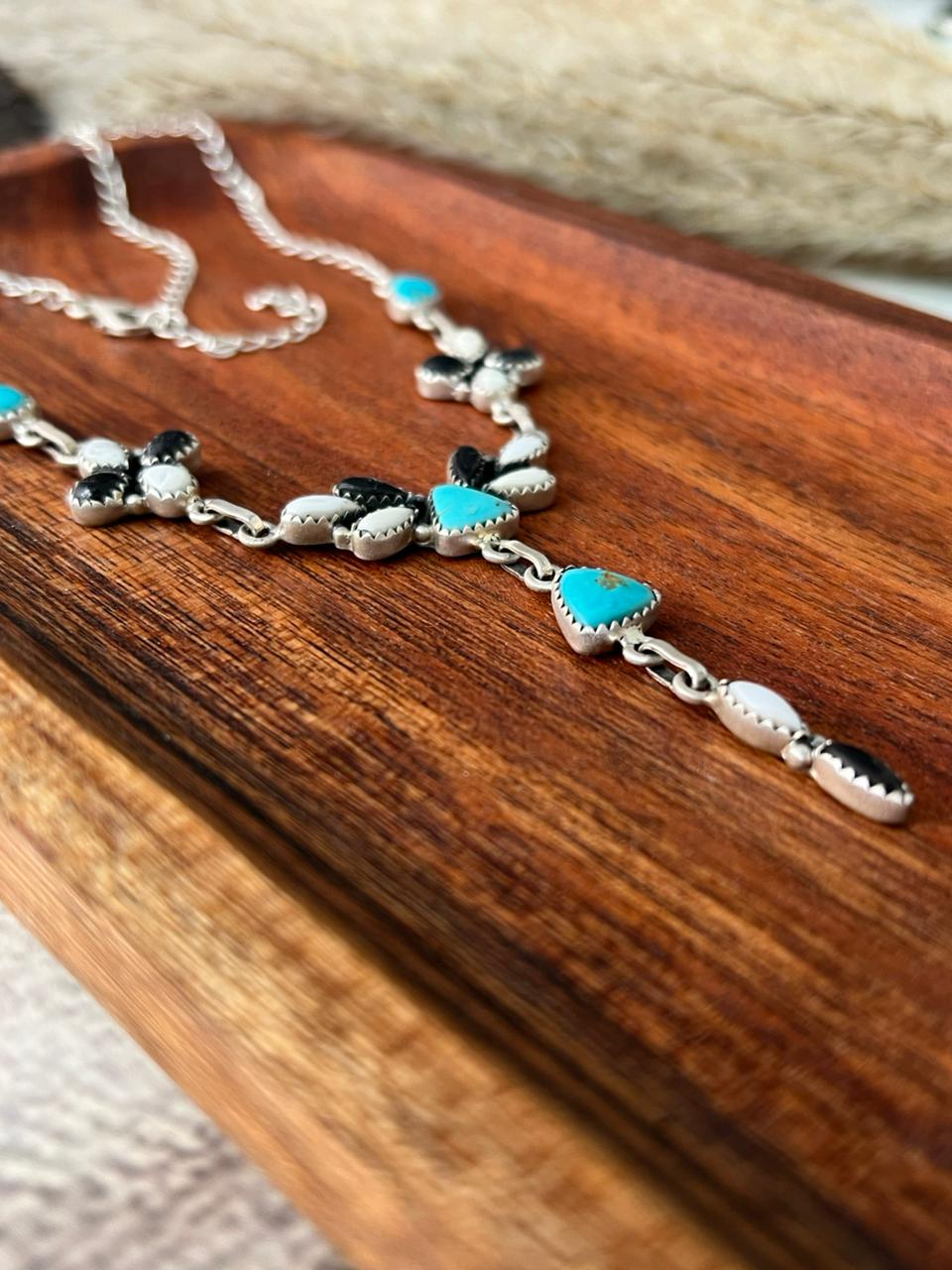 Handmade Sterling Silver Santa Maria Turquoise with White Buffalo Drop Necklace "Signed Nizhoni"