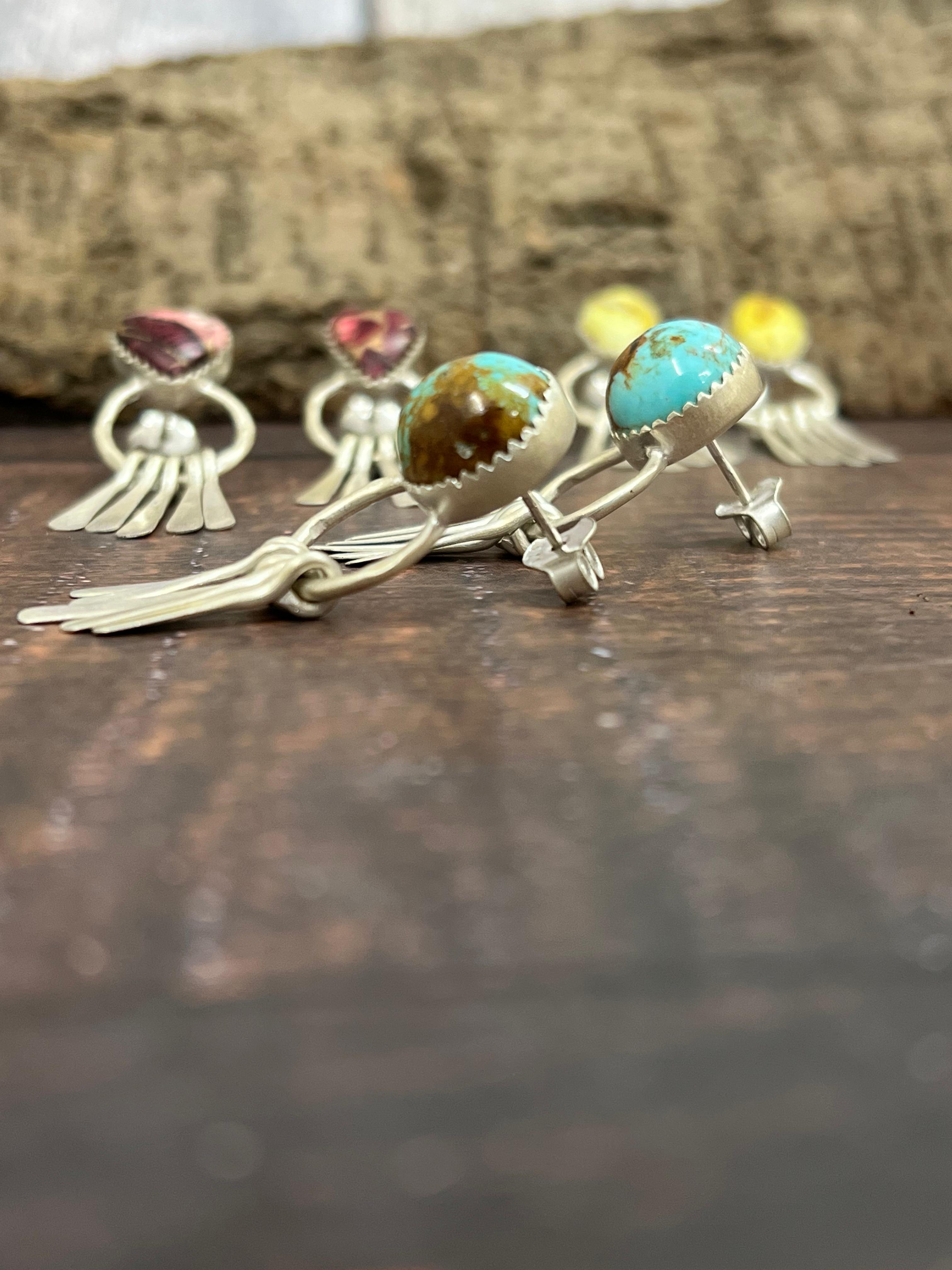 Handmade Sterling Silver Golden Hills, Palomino, Kingman Turquoise, Dahlia Rose Dangle Earrings with Signed Nizhoni