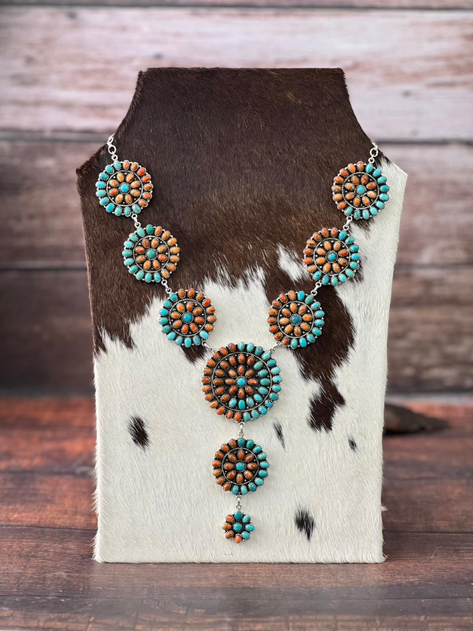 Handmade Sterling Silver Orange Mojave with Kingman Turquoise Necklace "Signed Nizhoni"