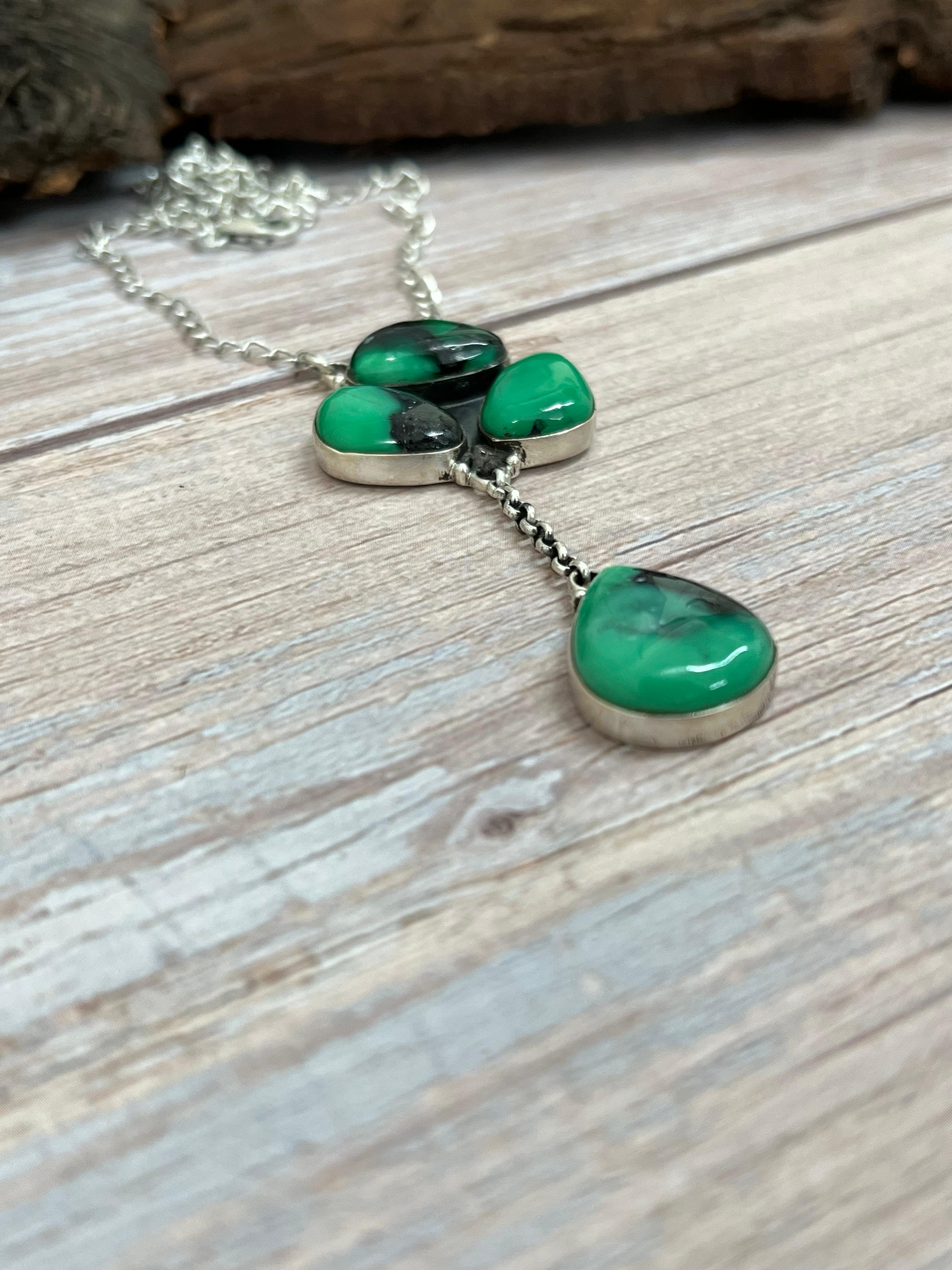 Handmade Sterling Silver Emerald Rose Necklace with Signed Nizhoni