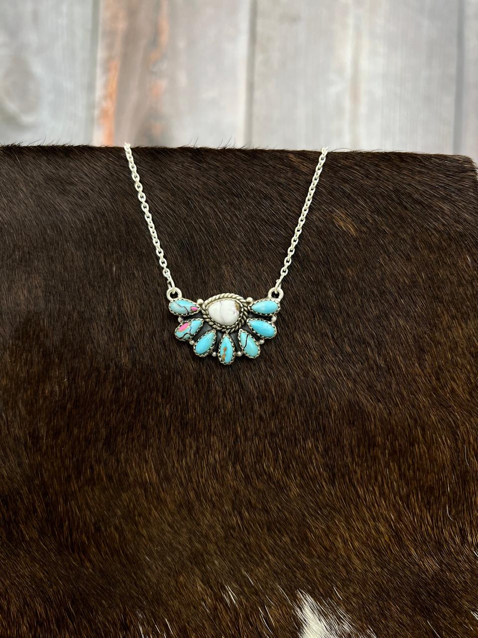 Handmade Sterling Silver Cotton Candy Turquoise Necklace with Signed Nizhoni