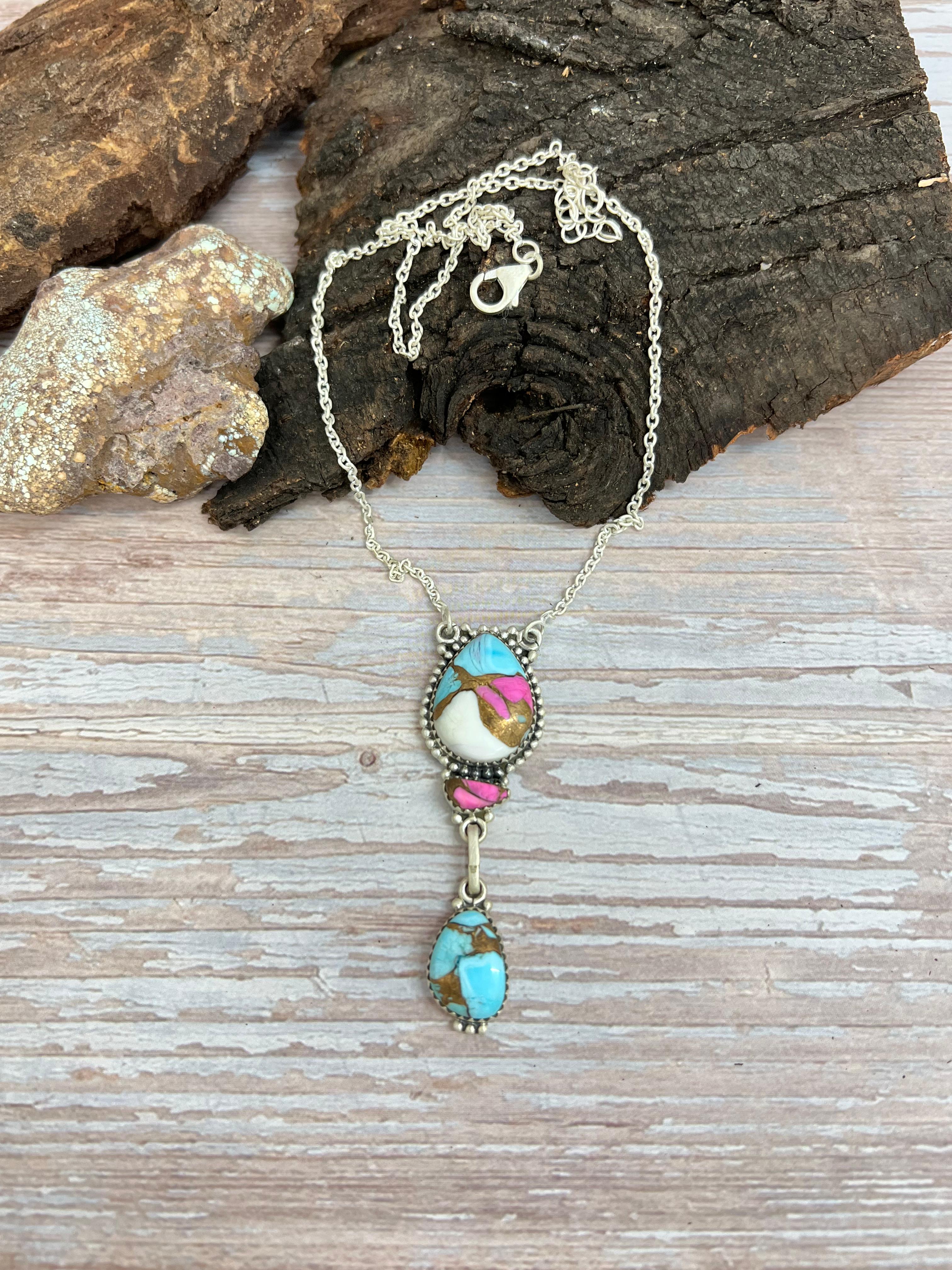 Handmade Sterling Silver Cotton Candy Turquoise Necklace with Signed Nizhoni