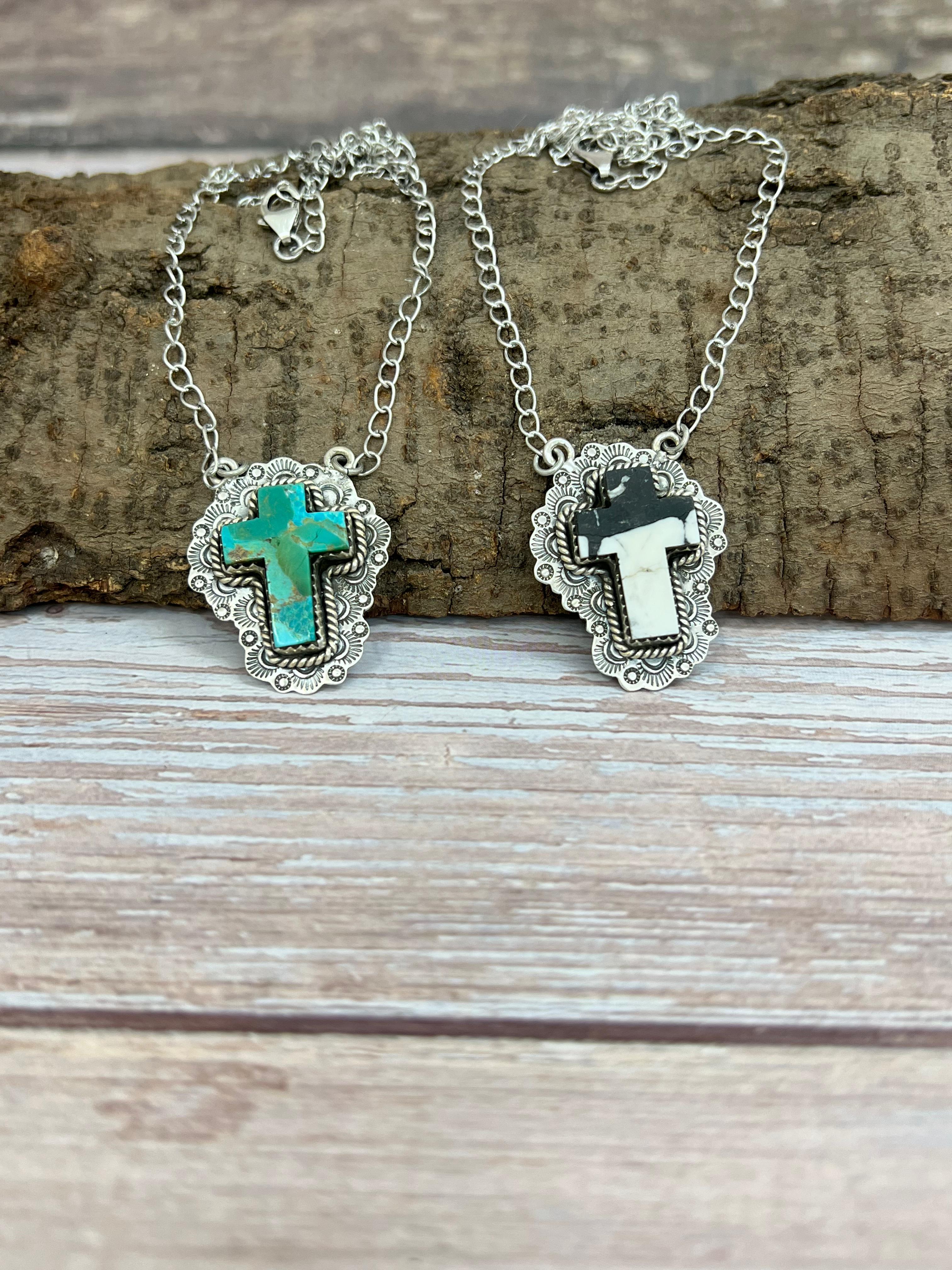 Handmade Sterling Silver White Buffalo, Kingman Turquoise Cross Necklace Signed Nizhoni (1)