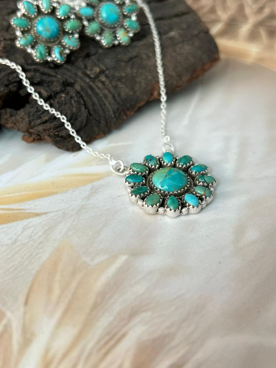 Handmade Sterling Silver Kingman Turquoise Necklace Earrings Set "Signed Nizhoni"