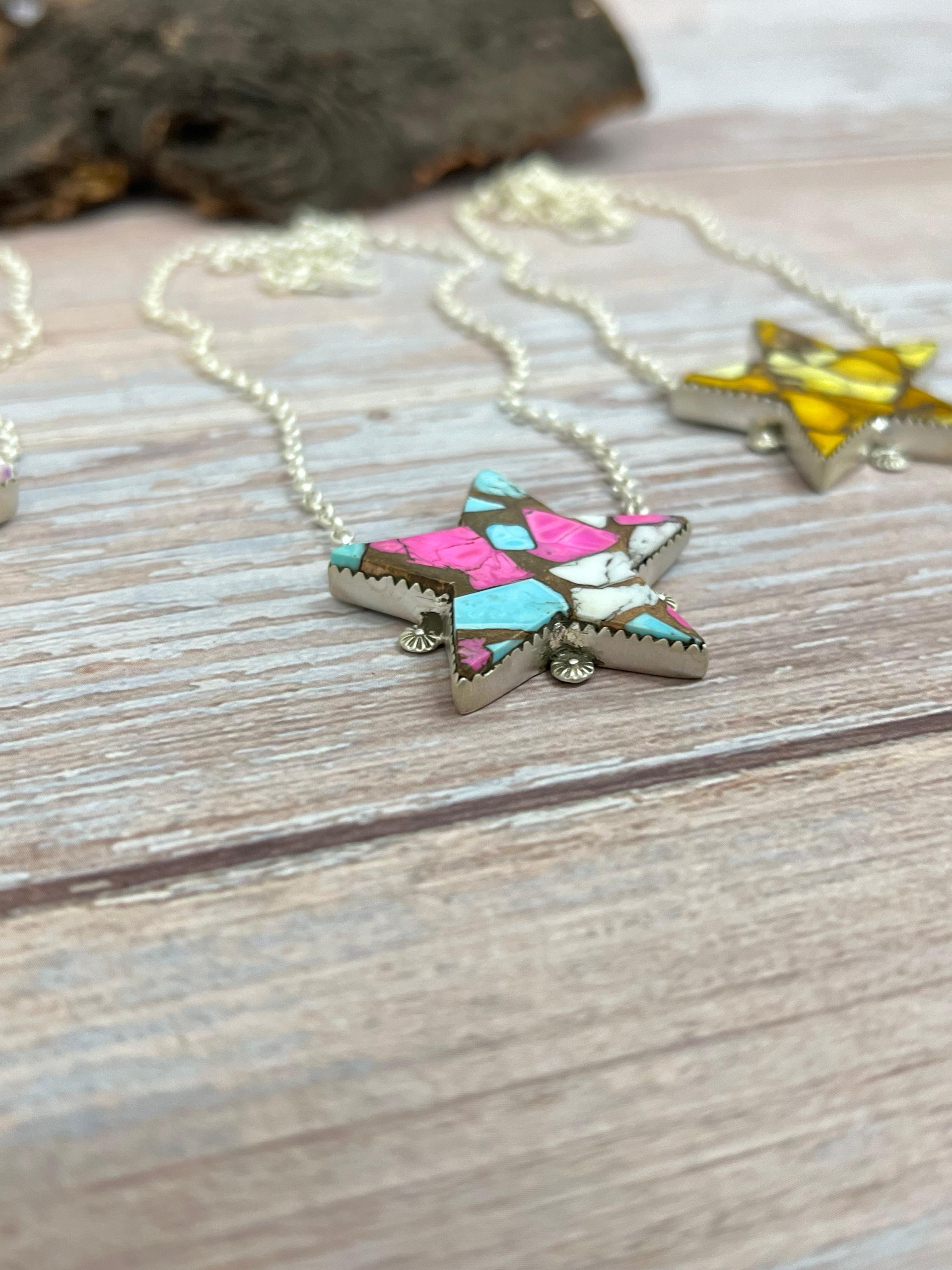 Handmade Sterling Silver Multi Stone Star Necklace, Signed Nizhoni