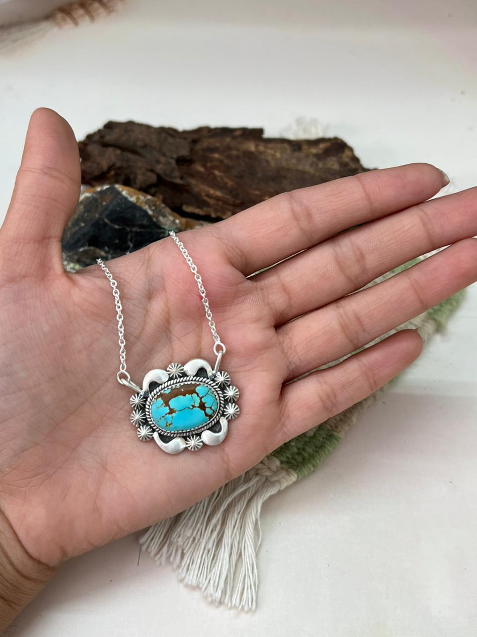 Handmade Sterling Silver Number 8 Turquoise Necklace "Signed Nizhoni"