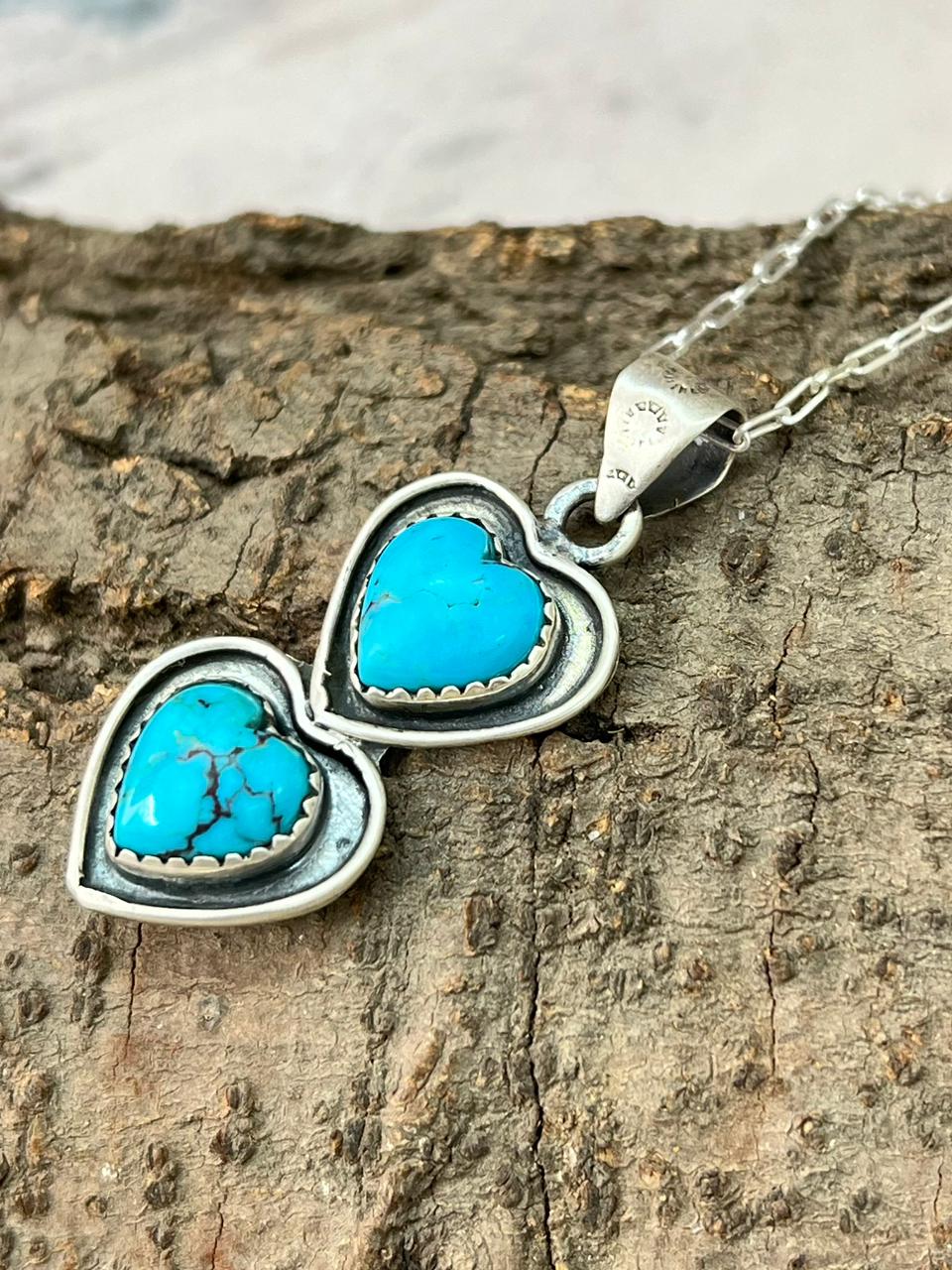 Handmade Sterling Silver Arizona Turquoise Heart Necklace "Signed Nizhoni"
