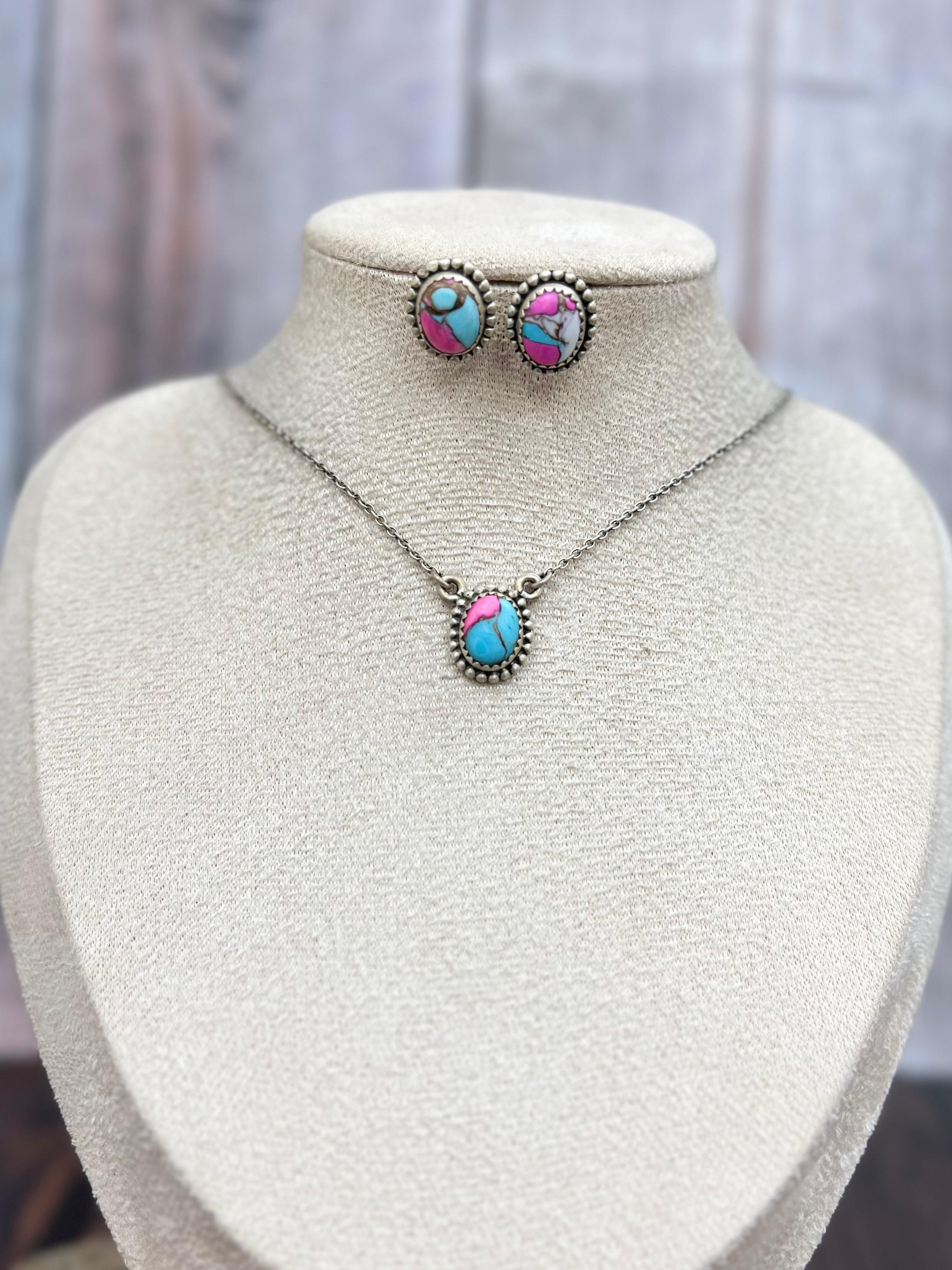 Handmade Sterling Silver Cotton Candy Turquoise Necklace Earrings Set, Signed Nizhoni (6)