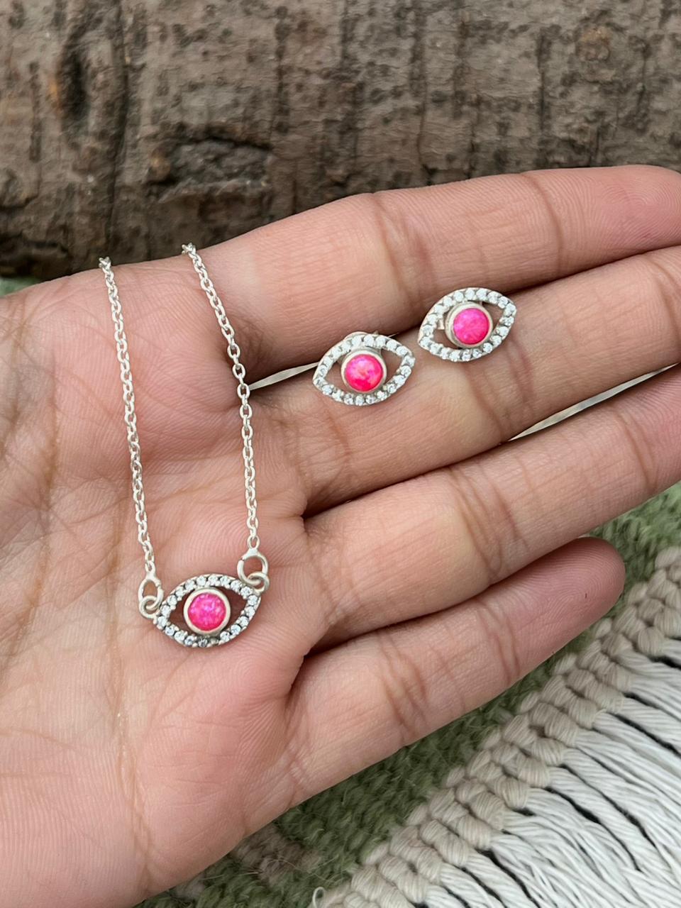 Handmade Sterling Silver Hot Pink Necklace Earrings Set "Signed Nizhoni"