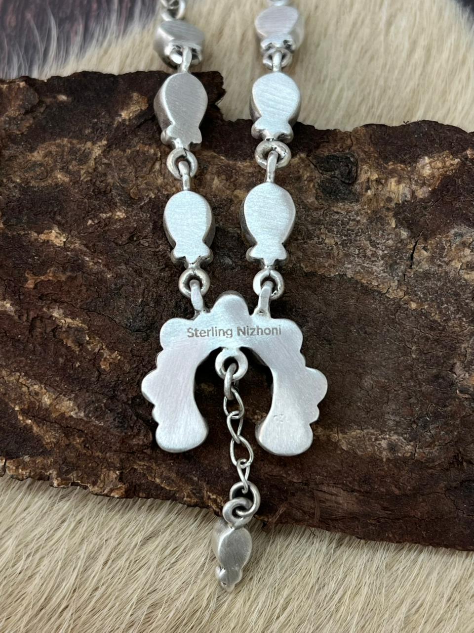 Handmade Sterling Silver White Buffalo Squash Blossom Necklace "Signed Nizhoni"
