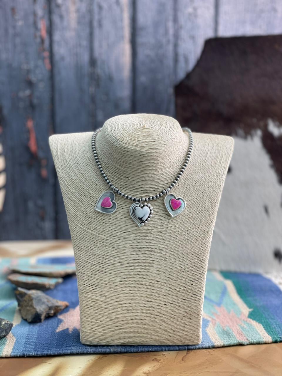 Handmade Sterling Silver White Buffalo with Hot Pink Beaded Heart Necklace "Signed Nizhoni"