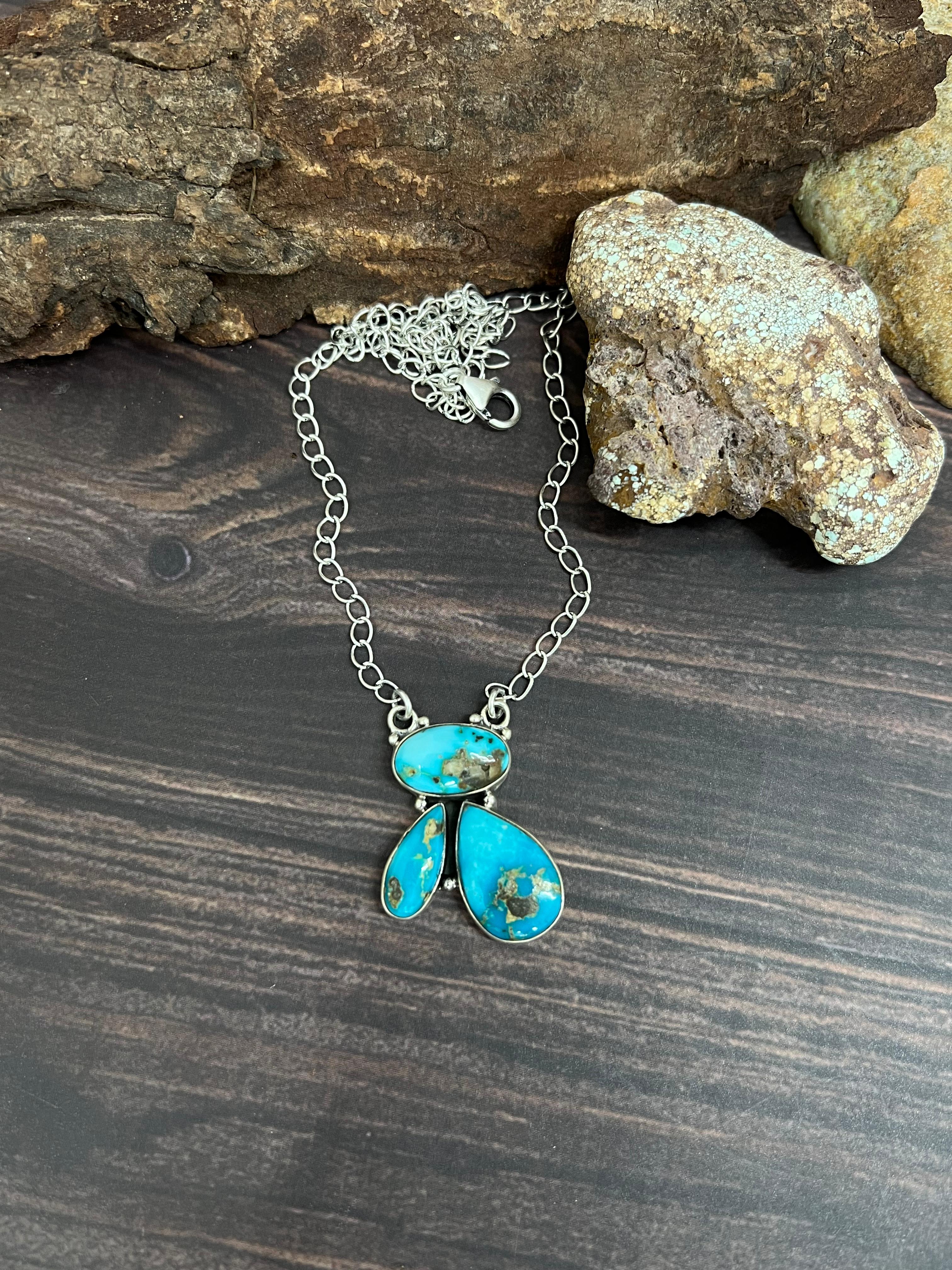 Handmade Sterling Silver South Hill Turquoise Necklace with Signed Nizhoni