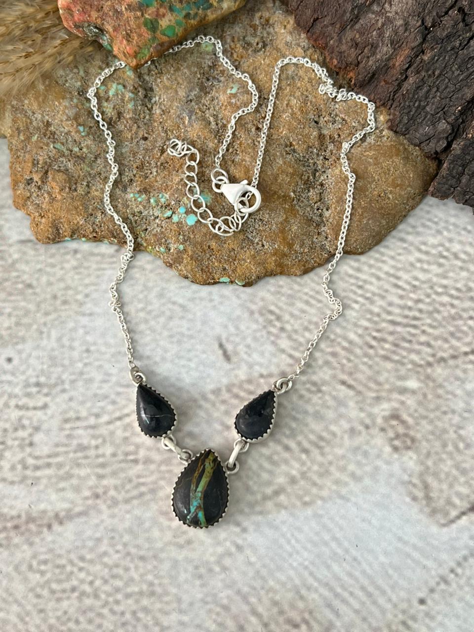 Handmade Sterling Silver Blackjack Turquoise Necklace "Signed Nizhoni"