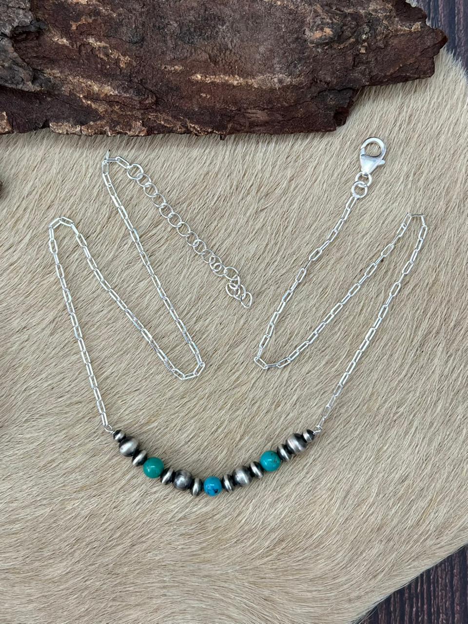 Handmade Sterling Silver Kingman Turquoise Beaded Necklace "Signed Nizhoni"