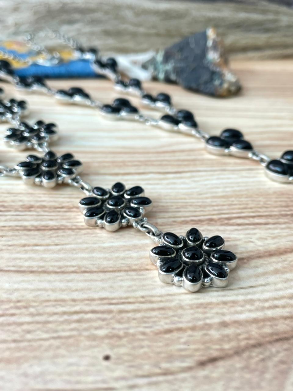 Handmade Sterling Silver Black Onyx Lariat Necklace "Signed Nizhoni"