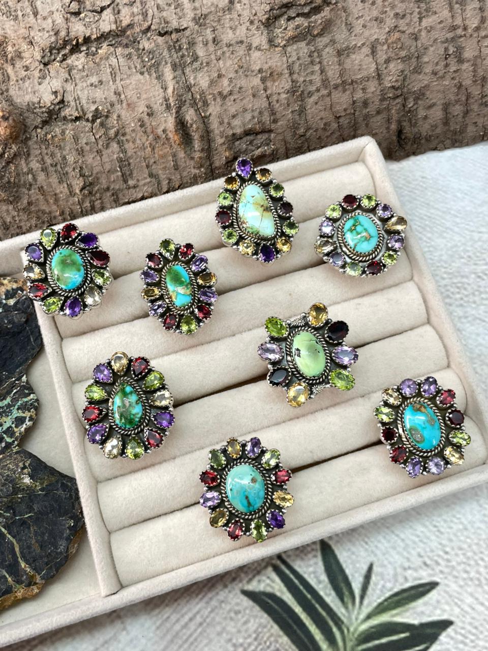 Handmade Sterling Silver Sonoran with Cut Stones Adjustable Ring "Signed Nizhoni"