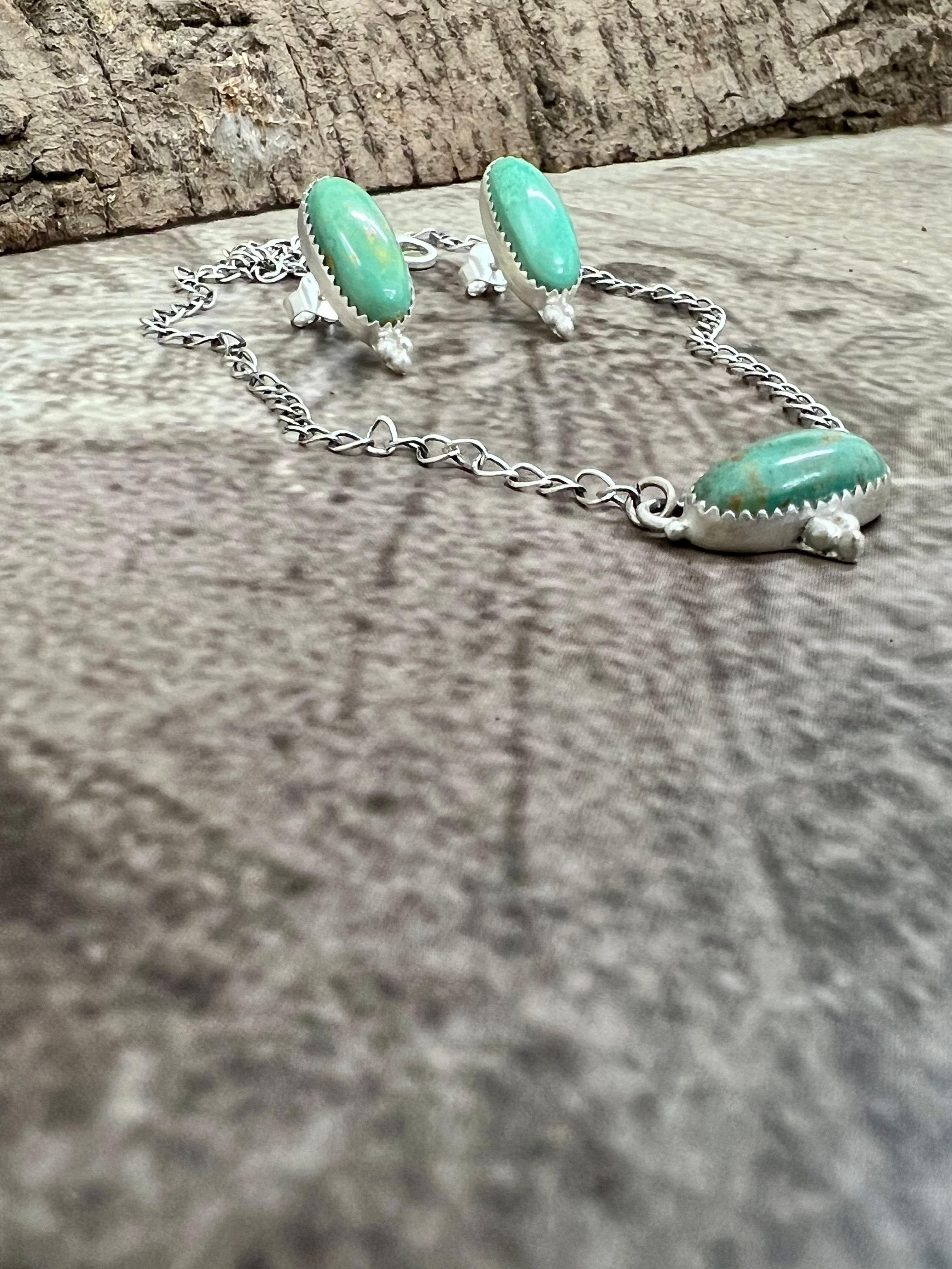 Handmade Sterling Silver Royston Turquoise Necklace Earrings Set, Signed Nizhoni