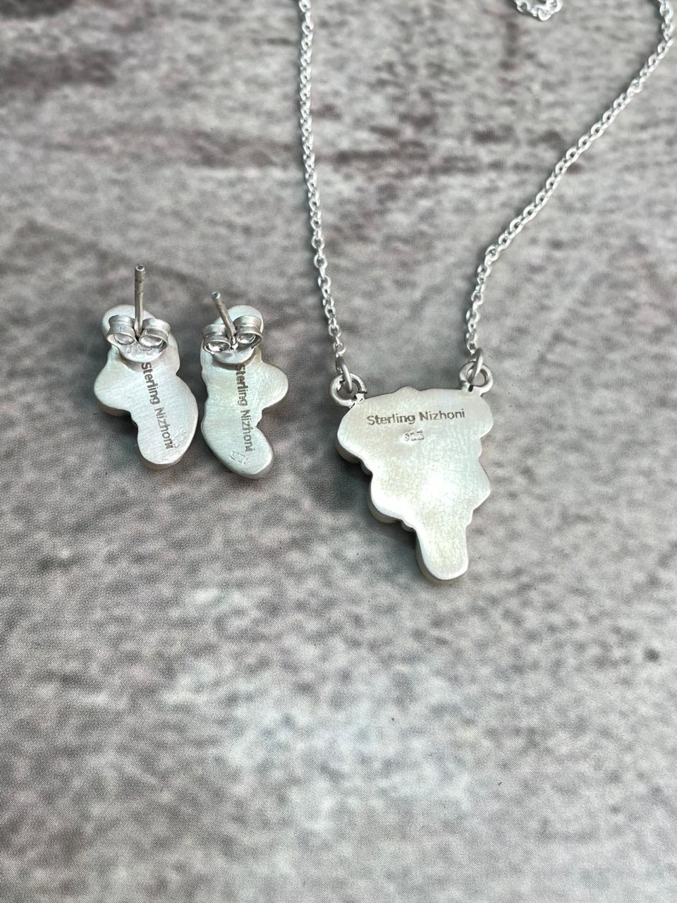 Handmade Sterling Silver White Buffalo Necklace Earrings Set "Signed Nizhoni"