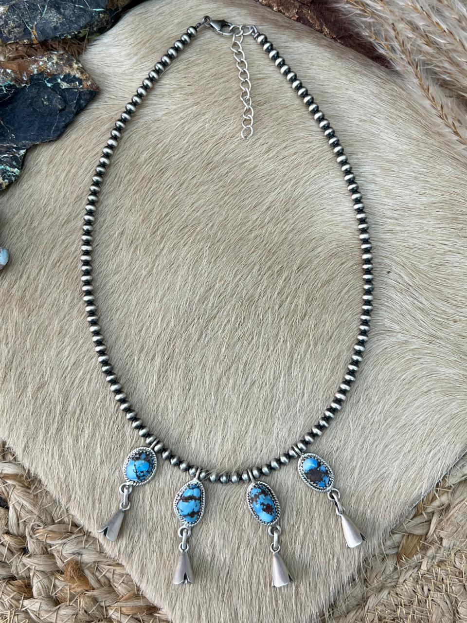 Handmade Sterling Silver Golden Hills Turquoise Beaded Necklace "Signed Nizhoni"