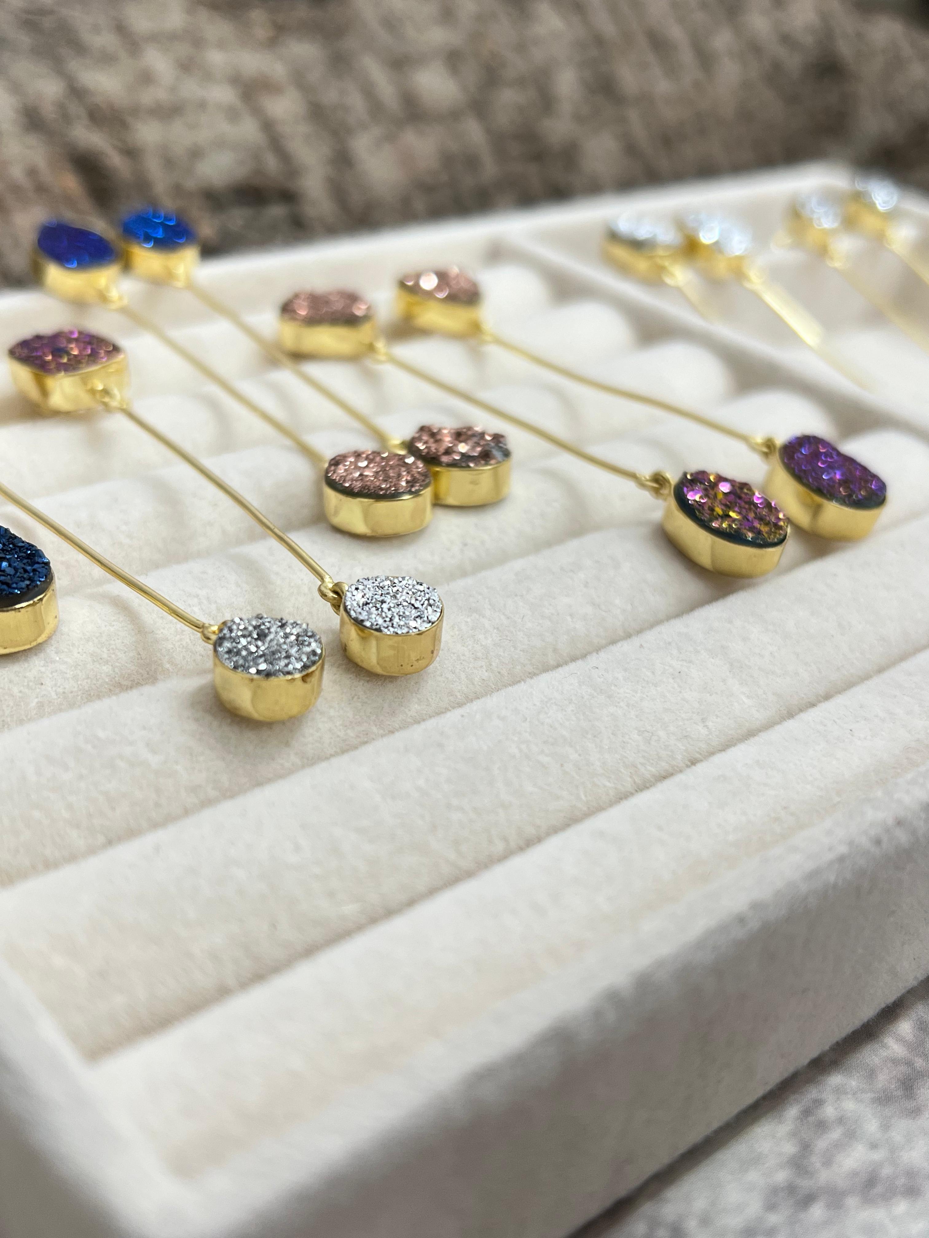 “The Boho Collection” Handmade Natural 2 Druzy Stone Post Dangle Earrings