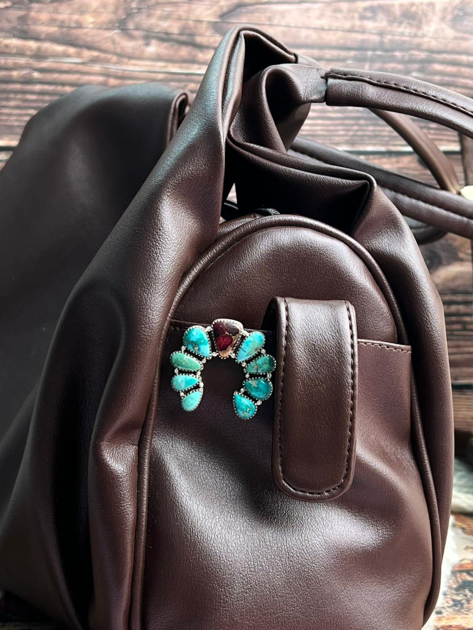 Handmade Sterling Silver Dahlia Rose with Emerald Valley Turquoise Purse Key Clip "Signed Nizhoni"