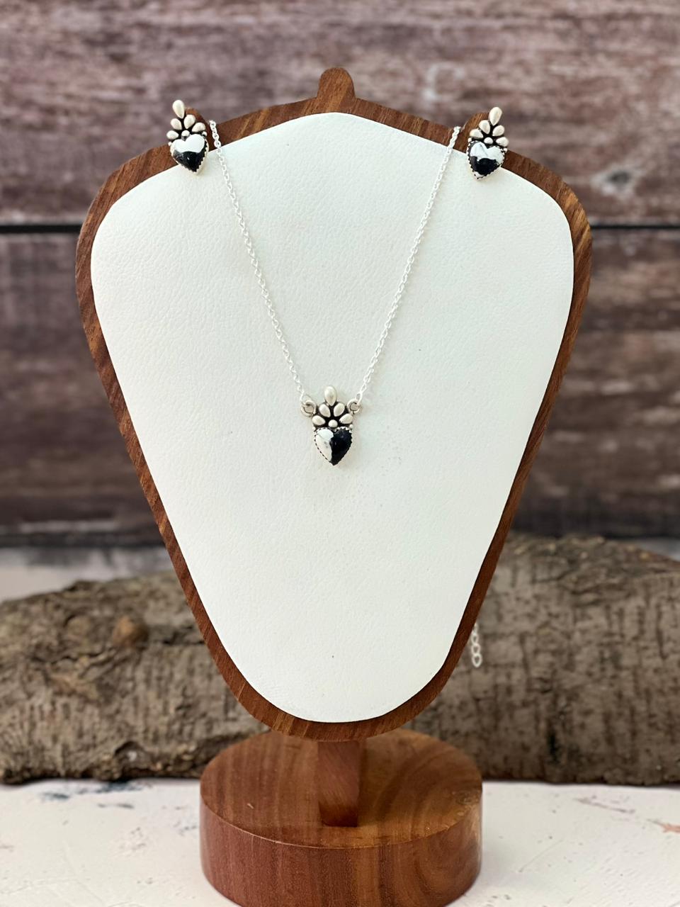 Handmade Sterling Silver White Buffalo Necklace Earrings Set "Signed Nizhoni"