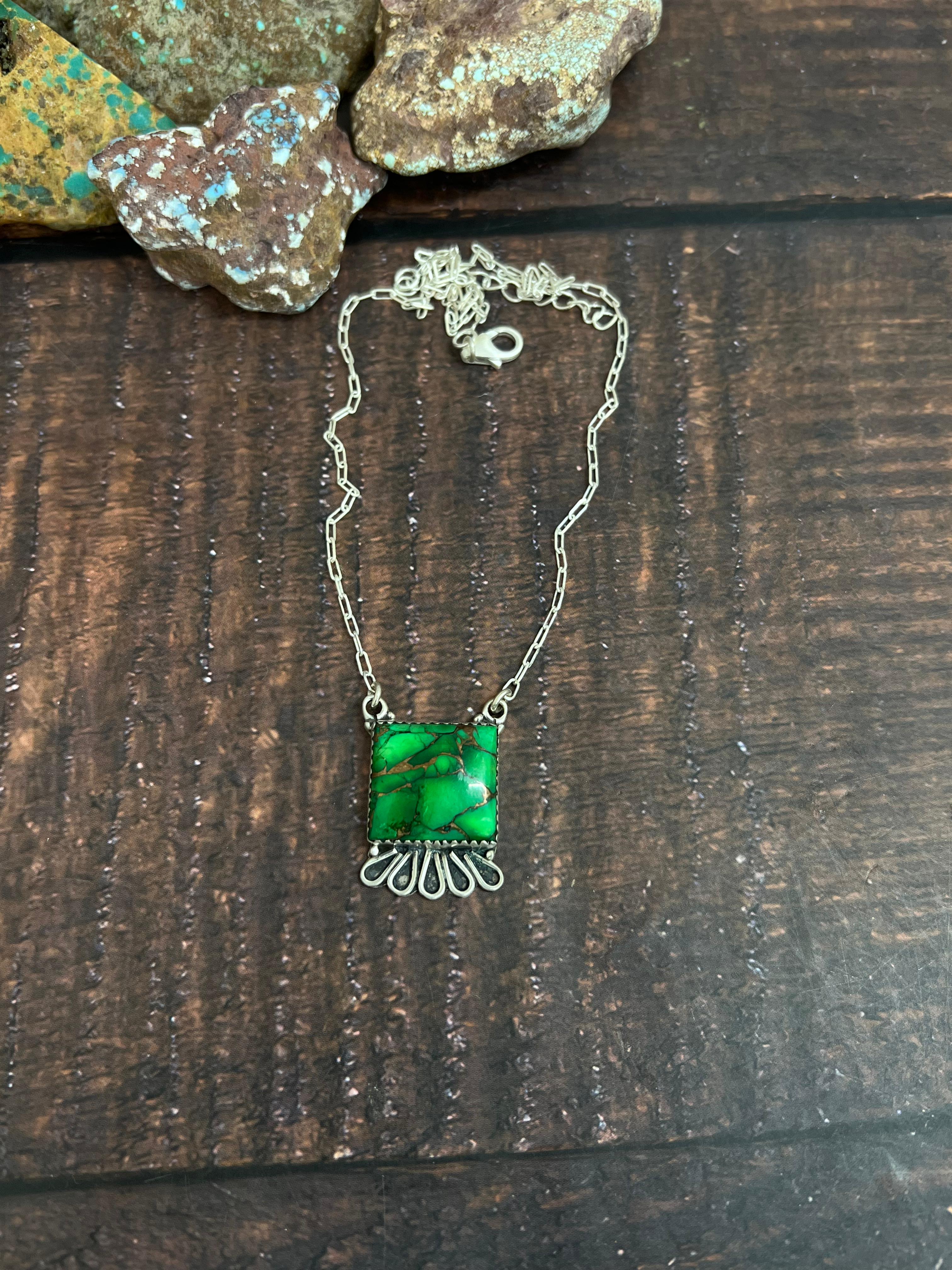 Handmade Sterling Silver Kelly Green Dahlia Necklace with Signed Nizhoni