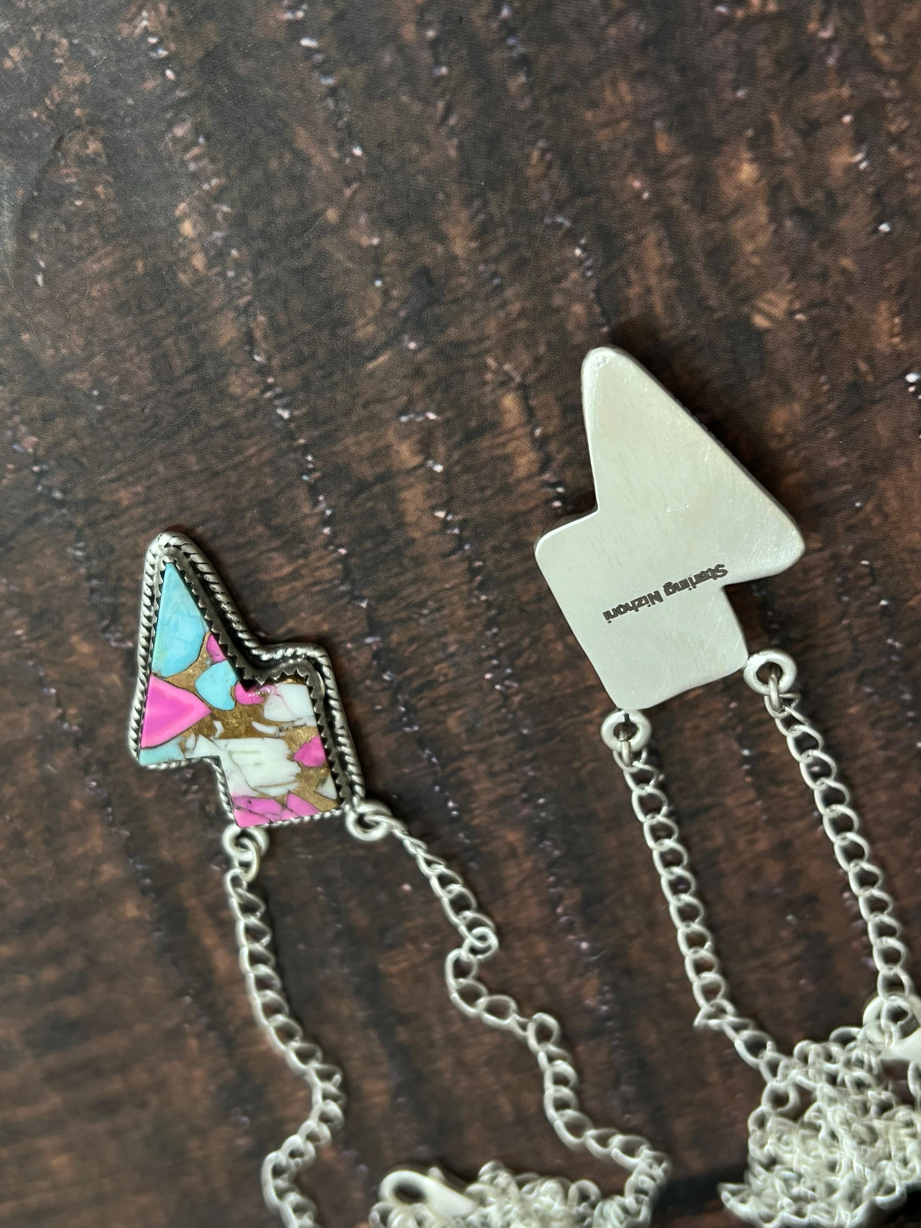 Handmade Sterling Silver Cotton Candy, Honey Dahlia Lightning Bolt Necklace Signed Nizhoni (3)