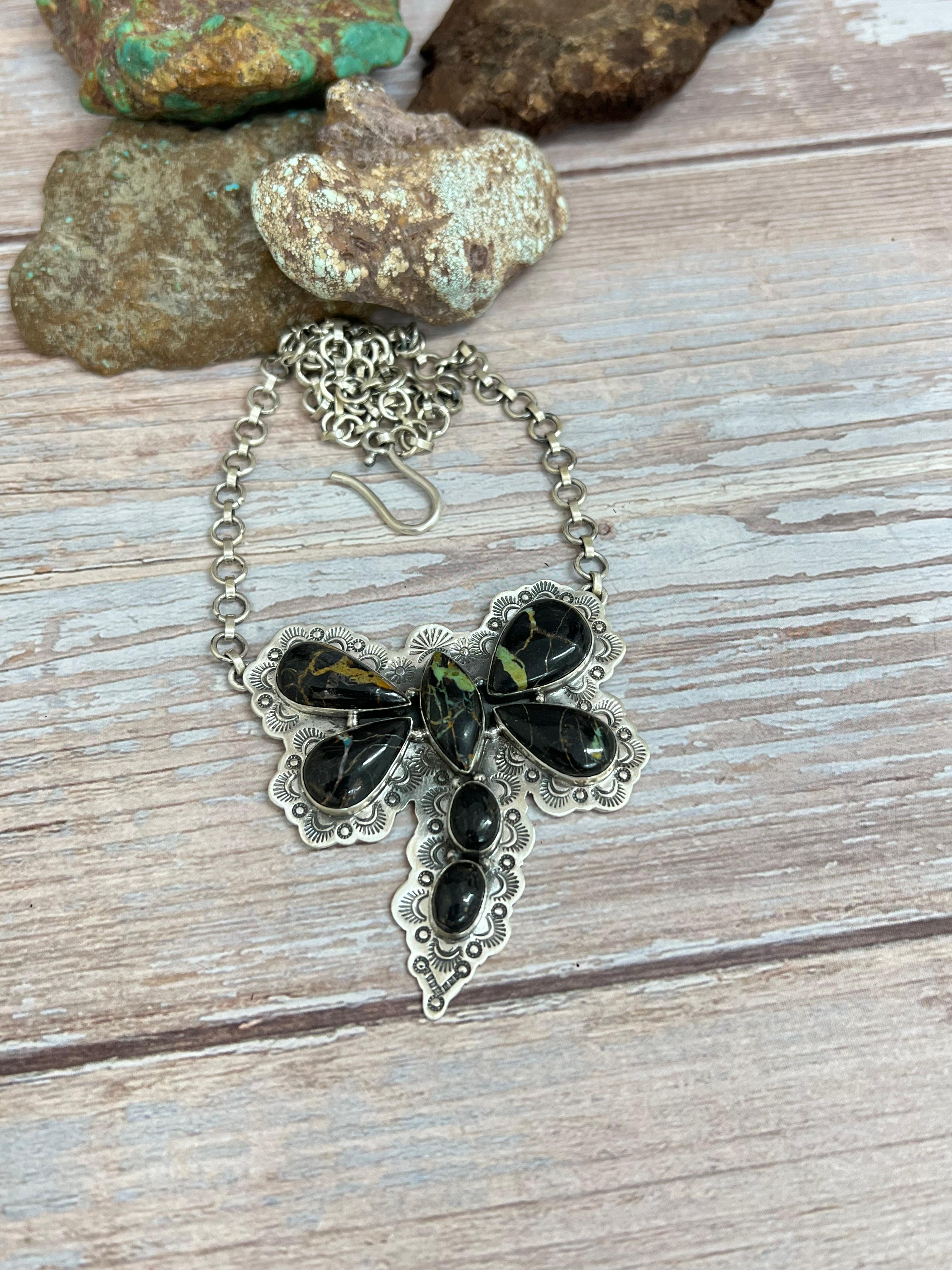 Handmade Sterling Silver Blackjack Turquoise Butterfly Necklace with Signed Nizhoni