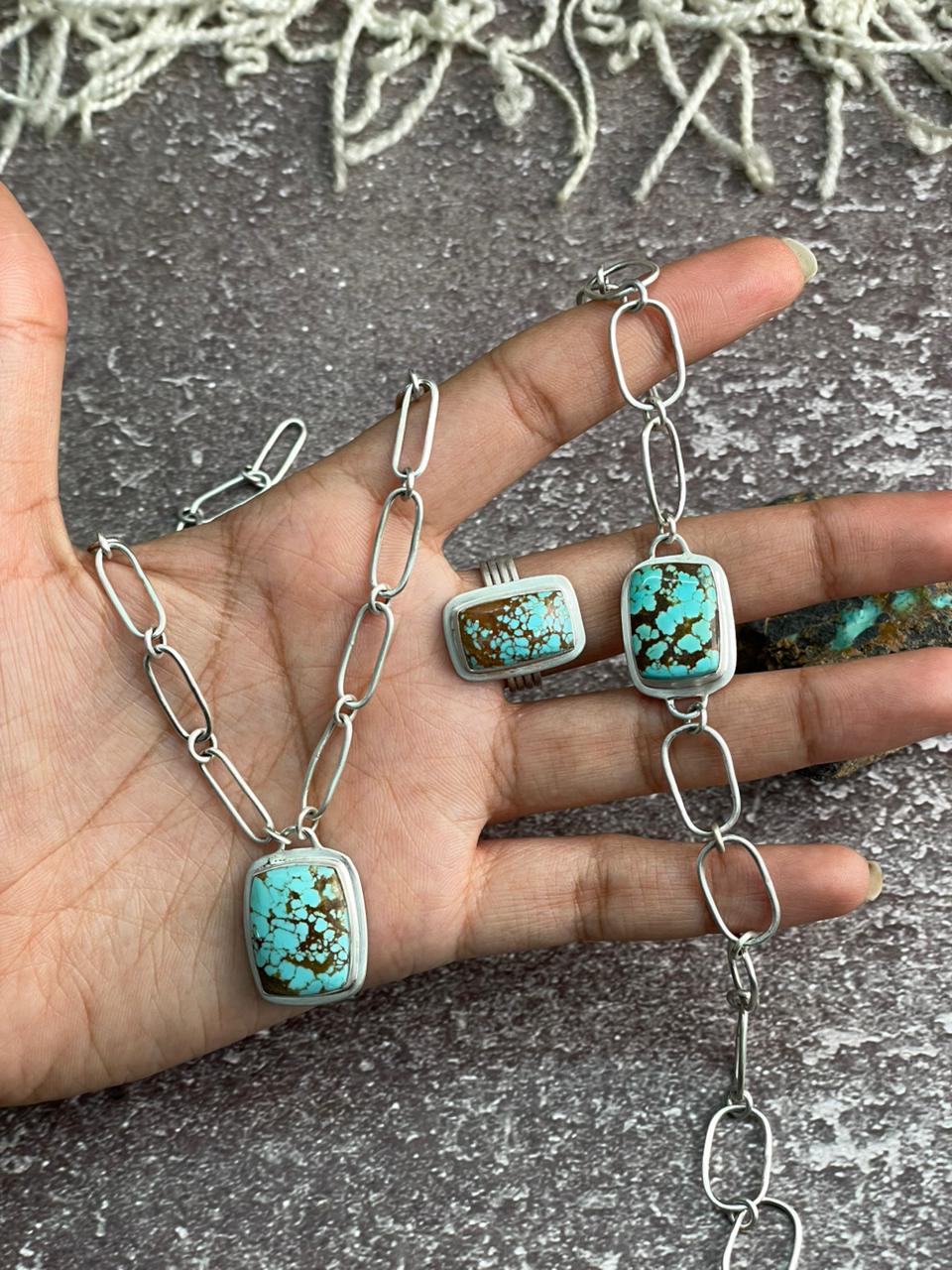 Handmade Sterling Silver Number 8 Turquoise Necklace Bracelet and Ring Set "Signed Nizhoni"