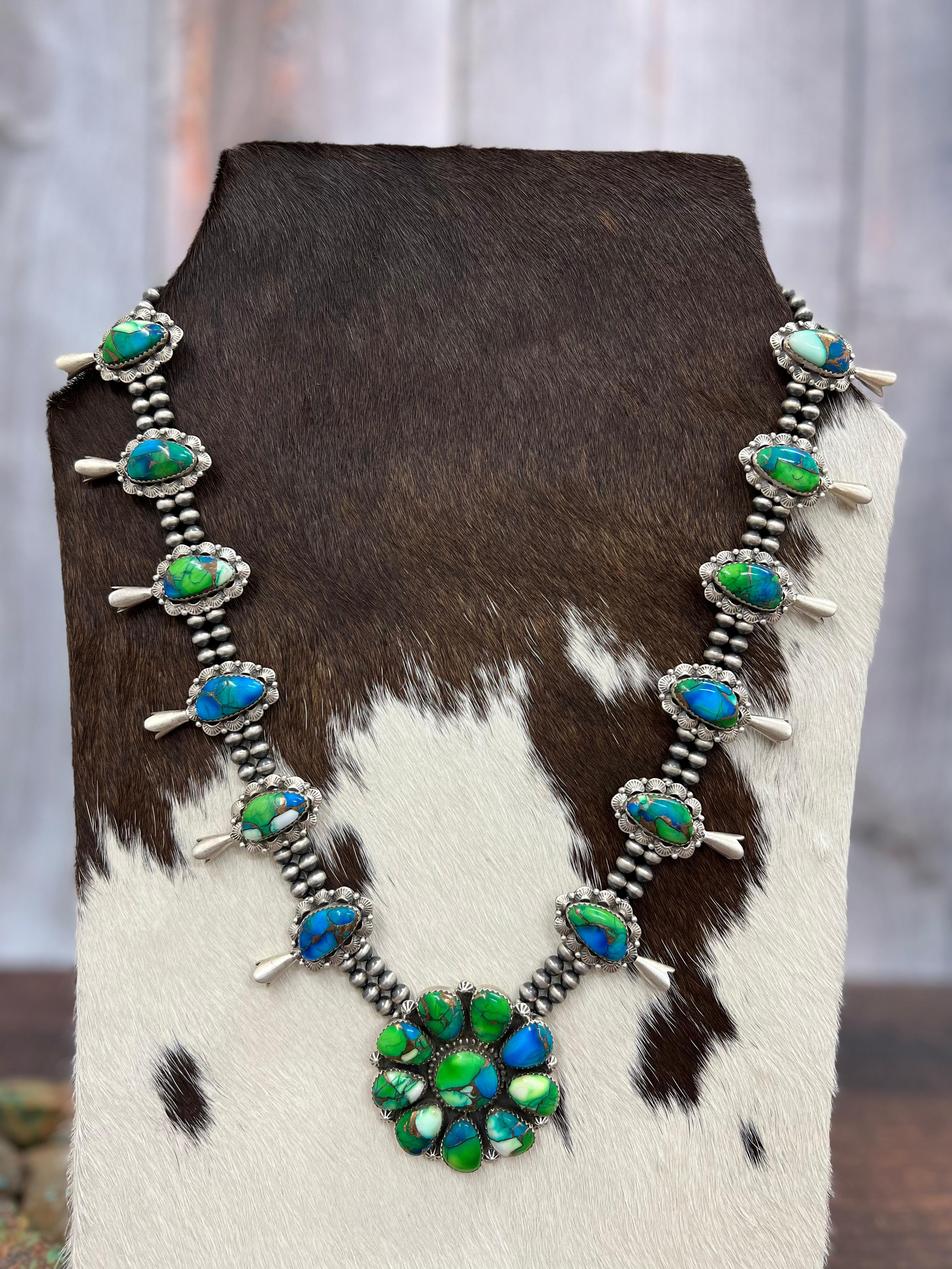 Handmade Sterling Silver Peacock Dahlia Beaded Necklace with Signed Nizhoni