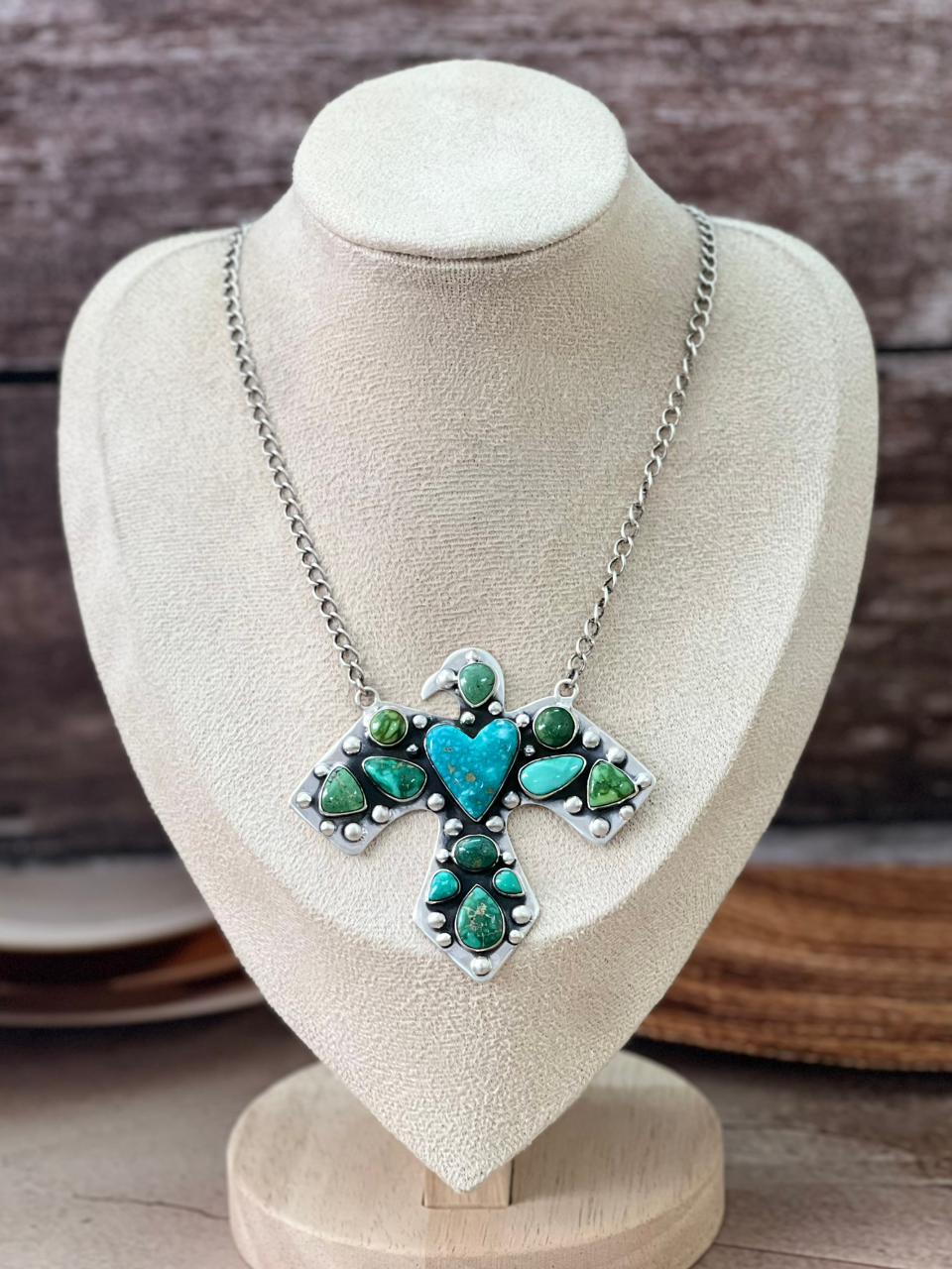 Handmade Sterling Silver Multi Stone Thunder Bird Necklace "Signed Nizhoni"