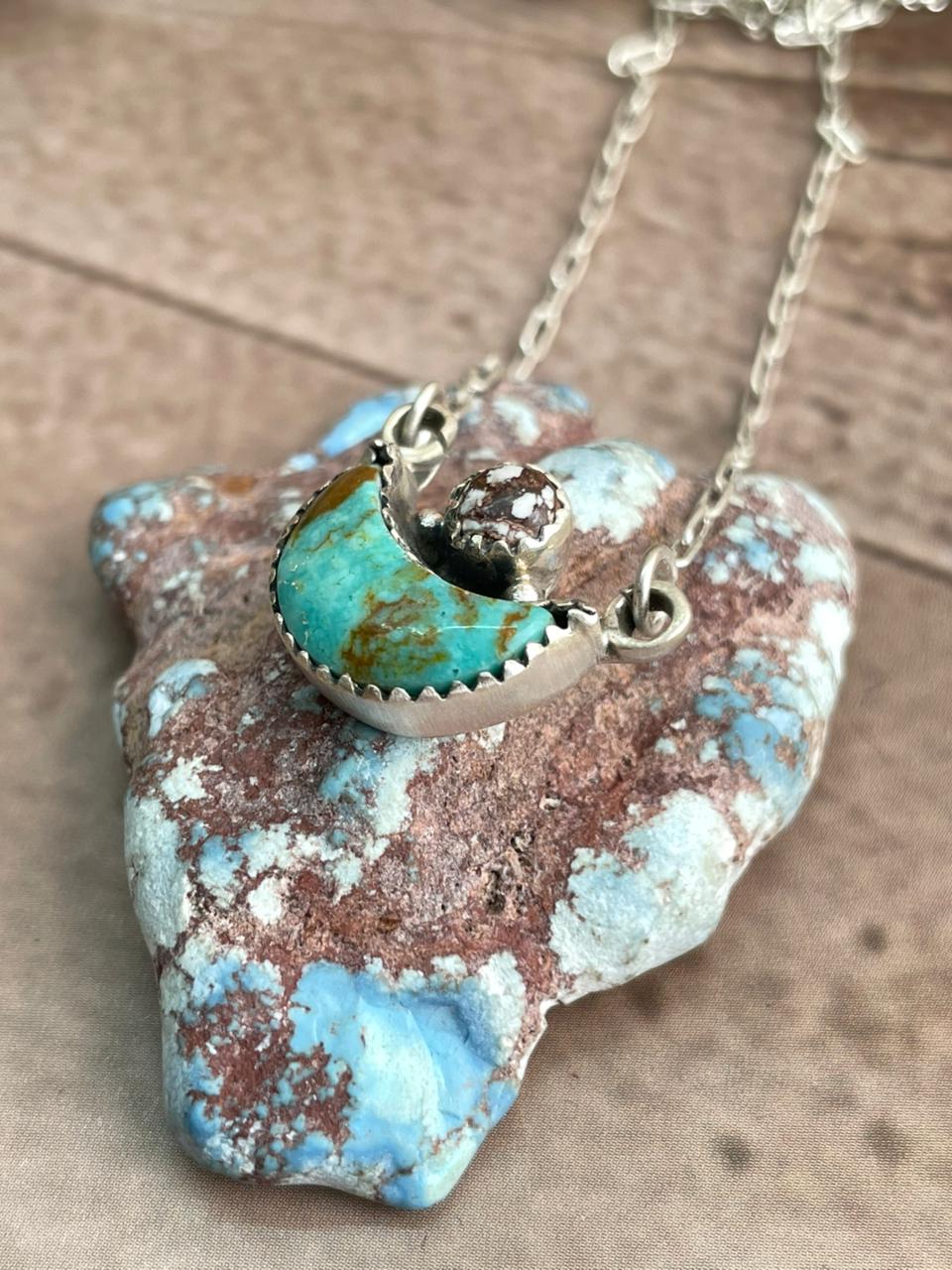 Handmade Sterling Silver Wildhorse Magnesite With Kingman Turquoise Moon Shape Necklace Earrings Set with Signed Nizhoni