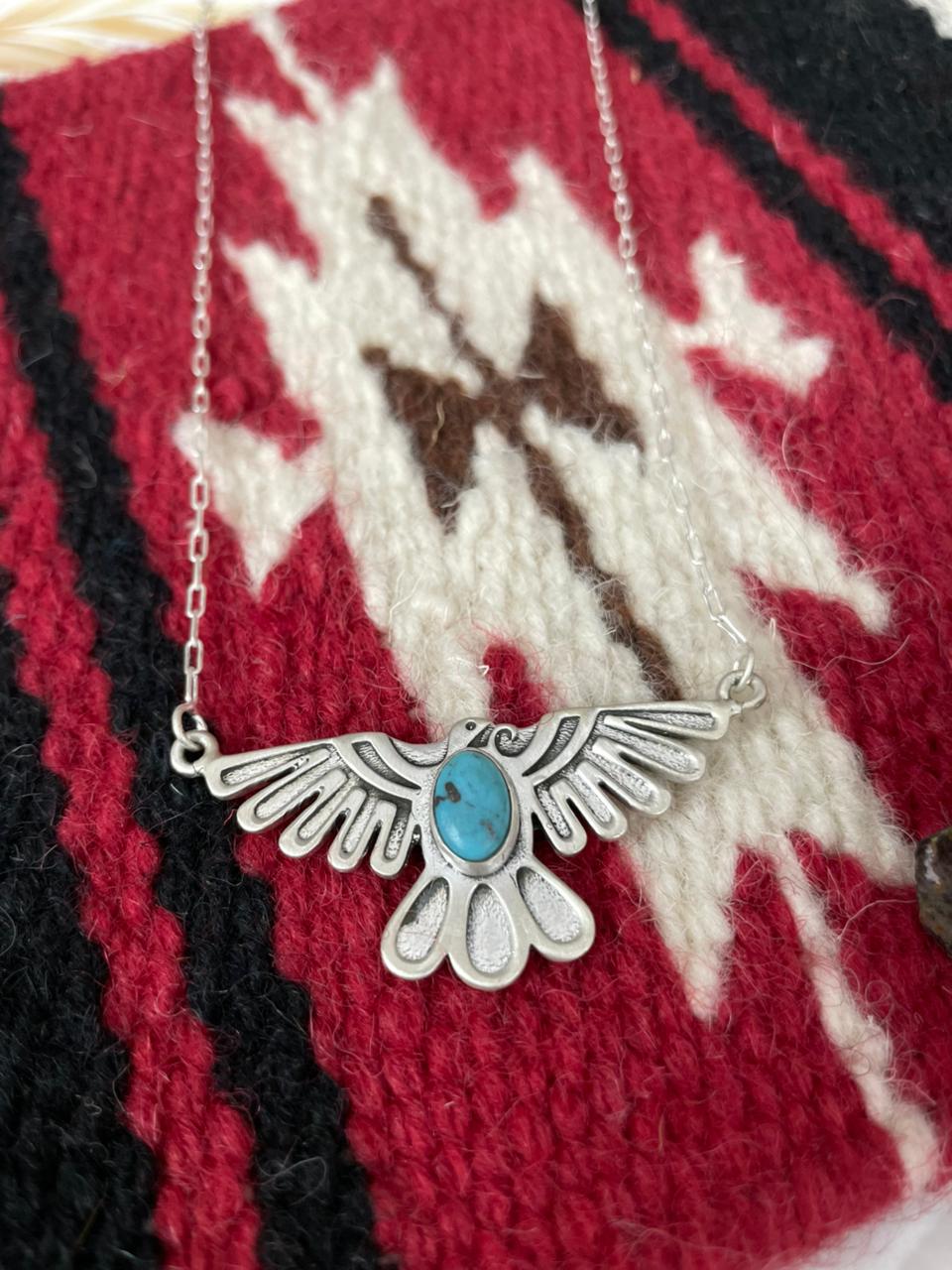 Handmade Sterling Silver Kingman Turquoise Thunder Bird Necklace "Signed Nizhoni"
