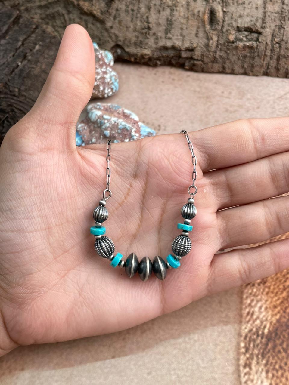 Handmade Sterling Silver Kingman Turquoise Beaded Necklace Signed Nizhoni