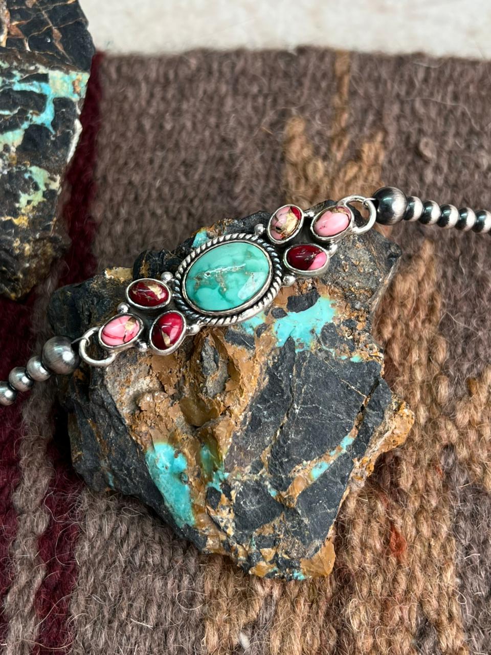 Handmade Sterling Silver Dahlia Rose with Emerald Valley Turquoise Beaded Bracelet "Signed Nizhoni"